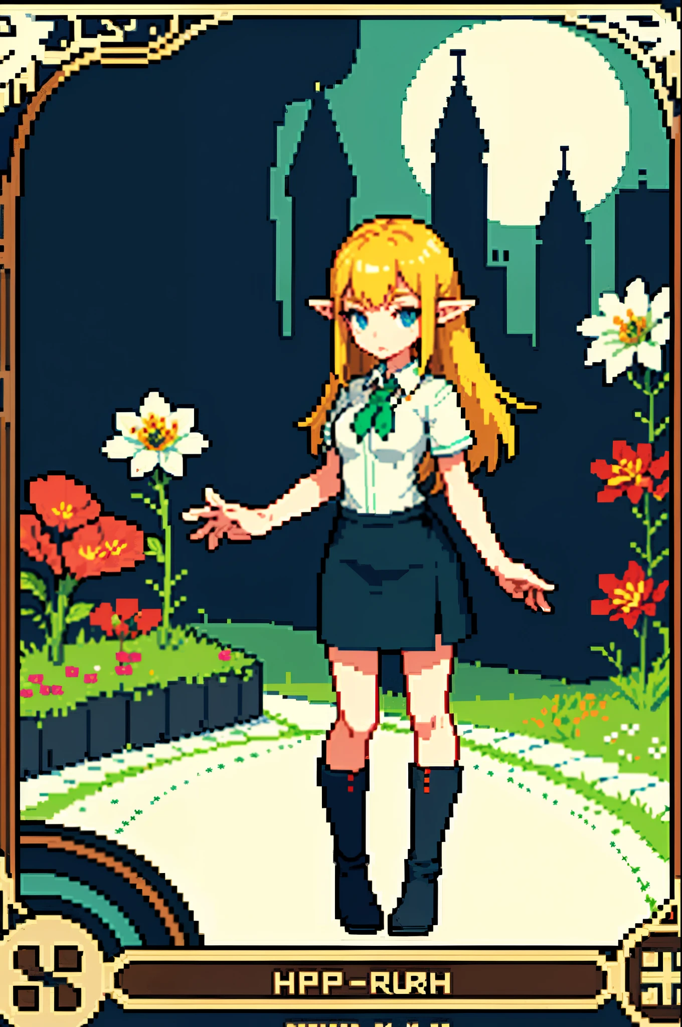 (masterpiece, top quality, best quality),pixel, pixel art,1 elf lady,blond hair,boots,skirt,perfect anatomy,flower,garden,full body,her, shirt, skirt,8 bit game asset