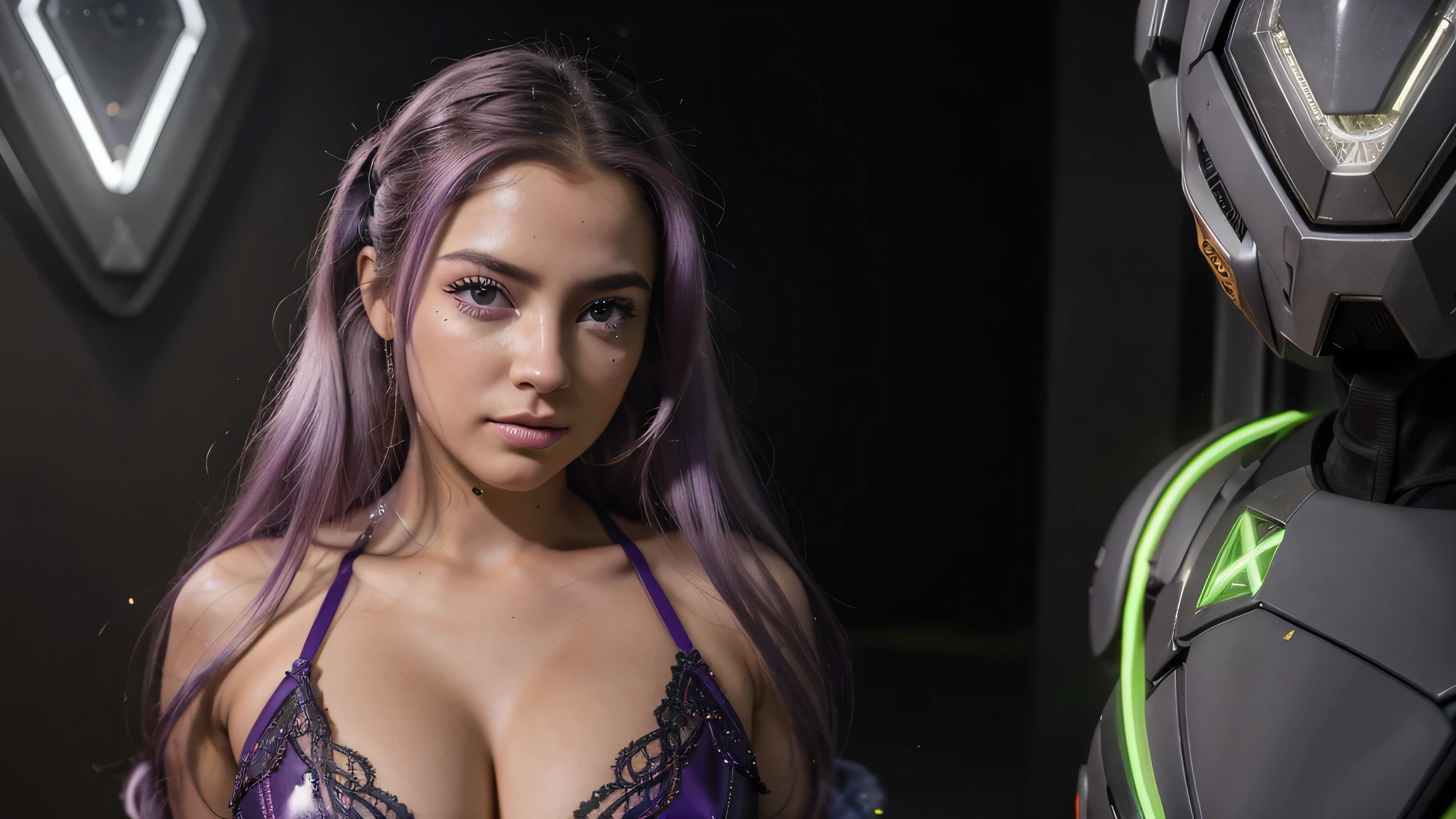 maximum quality、obra-prima、super high resolution、(Fotorrealista:1.4)、Foto CRU、1 garota、13 anos、cabelo platinado brilhante、sad facial expression、pele brilhante、((detalhes super realistas))、trazer、Global illumination、sombra、octane rendering、8k、ultra-afiado、Colossal tits、decote do peito、Sob o busto de couro cru、Wireless latex micro bra Very complex details、luz realista、CGSoação Trends、um olho roxo、olhos radiantes、facing the camera、neon details、sentada、Futuristic hair ornament、Gundam、Small LED Bulb、Purple neon lighting、green neon lighting、
