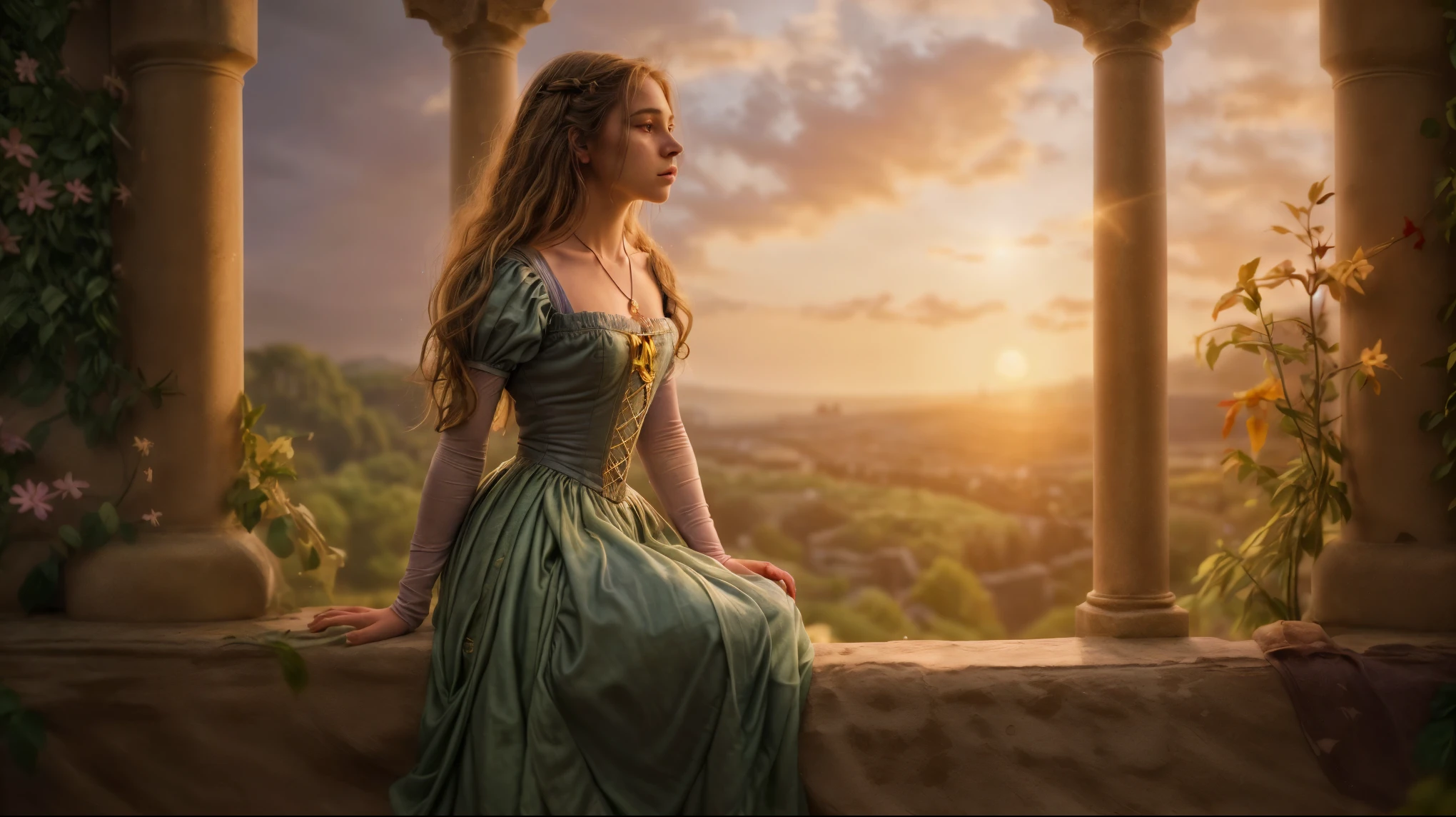 "I'm on cloud nine right now!" "I feel like I'm walking on sunshine today." "I'm in my own little world and loving it." "My head is in the clouds in the best possible way." "I'm riding a blissful wave of good vibes." A beautiful, introspective image of Jlah Drofloh as Rapunzel from Tangled. Jlah has long, thick, ash brown hair that flows past her waist, green eyes, fair freckled skin, and a pensive expression. She has an oval face shape, strong jaw, high cheekbones, premature wrinkles on her forehead, a long narrow nose, and full lips often pressed together. Her skin tone is tan with a ruddy, glowing complexion. Jlah wears a simple purple and pink dress with a cinched bodice and flowing skirt, reminiscent of a peasant woman's attire. She holds a paintbrush in one hand and a palette in the other, symbolizing her artistic passion and keen visual-spatial skills. A thin brass crucifix necklace adorns her neck, representing her deep Christian faith. Jlah stands at the window of a stone tower, gazing out at a vibrant sunset sky, dreaming of a life beyond her confinement. The scene evokes a sense of longing, creativity, and the search for identity and purpose. Her posture and expression convey the emotional struggles and trauma she has faced, yet also hint at the resilience and wisdom she has gained through her hardships. The image should capture the essence of Jlah's persona as a gifted artist, devout believer, and survivor of mental health challenges, while drawing parallels to Rapunzel's story of isolation, self-discovery, and the pursuit of freedom and purpose.