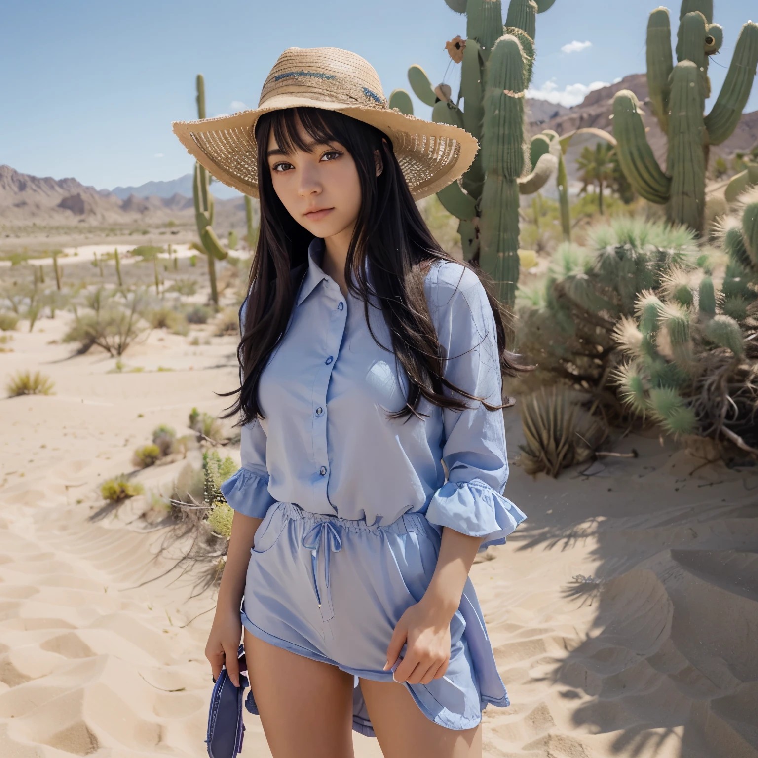 (most detailed), realistic, high-res, 4k, ultra-detailed, professional, studio lighting, vivid colors, anime, Miss All Sunday [anime], identical to the original, posing in a desert, black hair, beautiful detailed eyes, soft expressions, blue eyes, purple outfit, flowing in the wind, white accesories, sand dunes and cacti in the background, with a hat, just like anime, anime character, identical to anime.