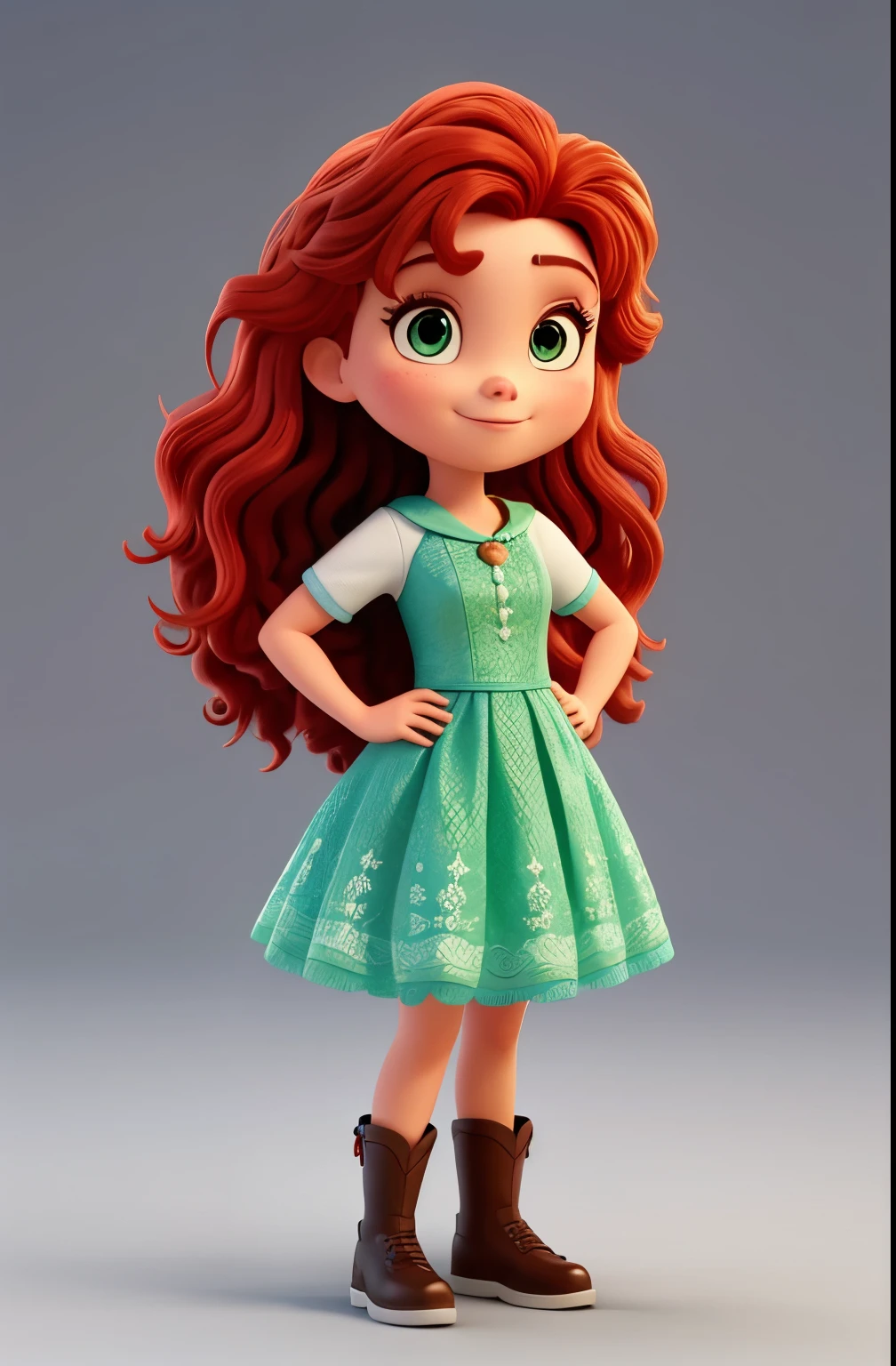 merida do filme valente crie uma imagem 3d pixar-style retrato com visual clean e fundo branco, mulher com 20 anos, pele clara, rosto delicado com sardas, olhos azuis e muito grandes, don't smile, longos cabelos cacheado e volumoso e ruivo, vestido verde.