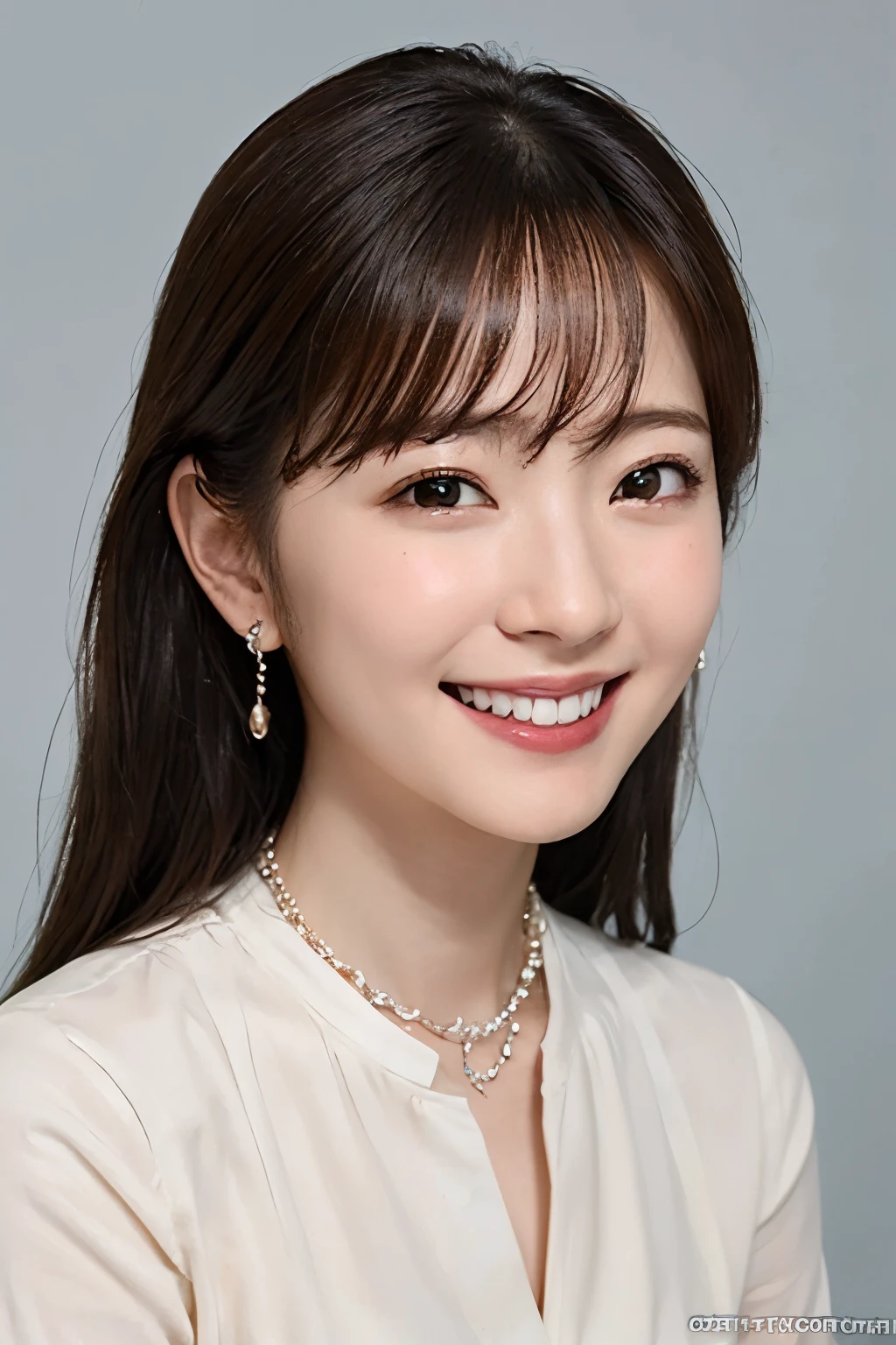 highest quality、masterpiece、超A high resolution、(Photoreal:1.4)、Highly detailed and professionally lit smiles。smiling showing teeth、black hair、necklace around neck、ear piercing