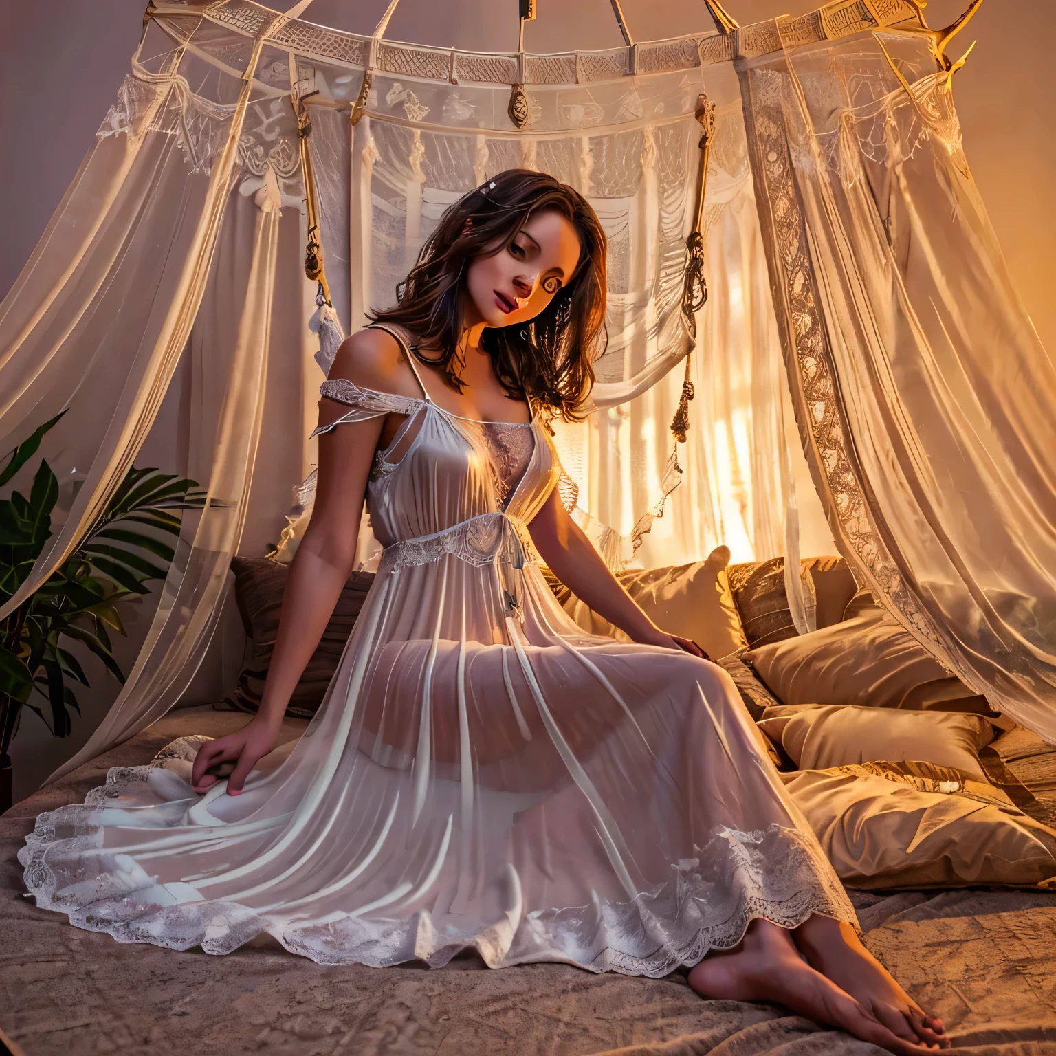 1girl,(bright lighting,romantic setting),dreamy background,,dark hair, mesmerizing gaze, , soft skin, alluring beauty, artistic portrait, high-quality image, vibrant colors,translucent long silk gown, mosquito net, lying down, romantic bedroom, sidesuspension