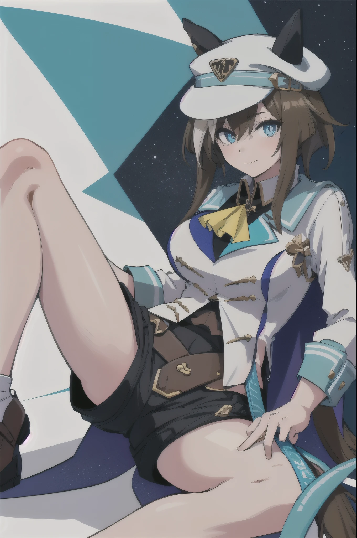(masterpiece, highest quality:1.2), alone, 1 girl, Martha, slight smile, looking at the viewer, adjusting the hat, have, horse ears, white jacket, Ascot, cape, single glove, white gloves, shorts, horse tail ,spread legs, legs up