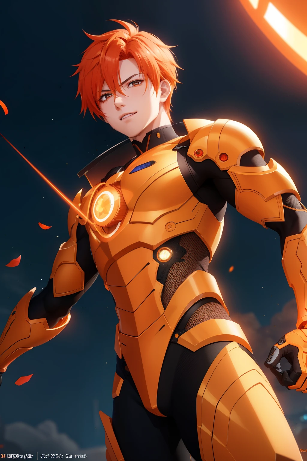 Anime boy with vibrant orange hair and captivating glowing orange eyes, intricately detailed features, realistic CGI rendering, dramatic top lighting, cinematic presentation, low camera angle, ISO200, 8K resolution.