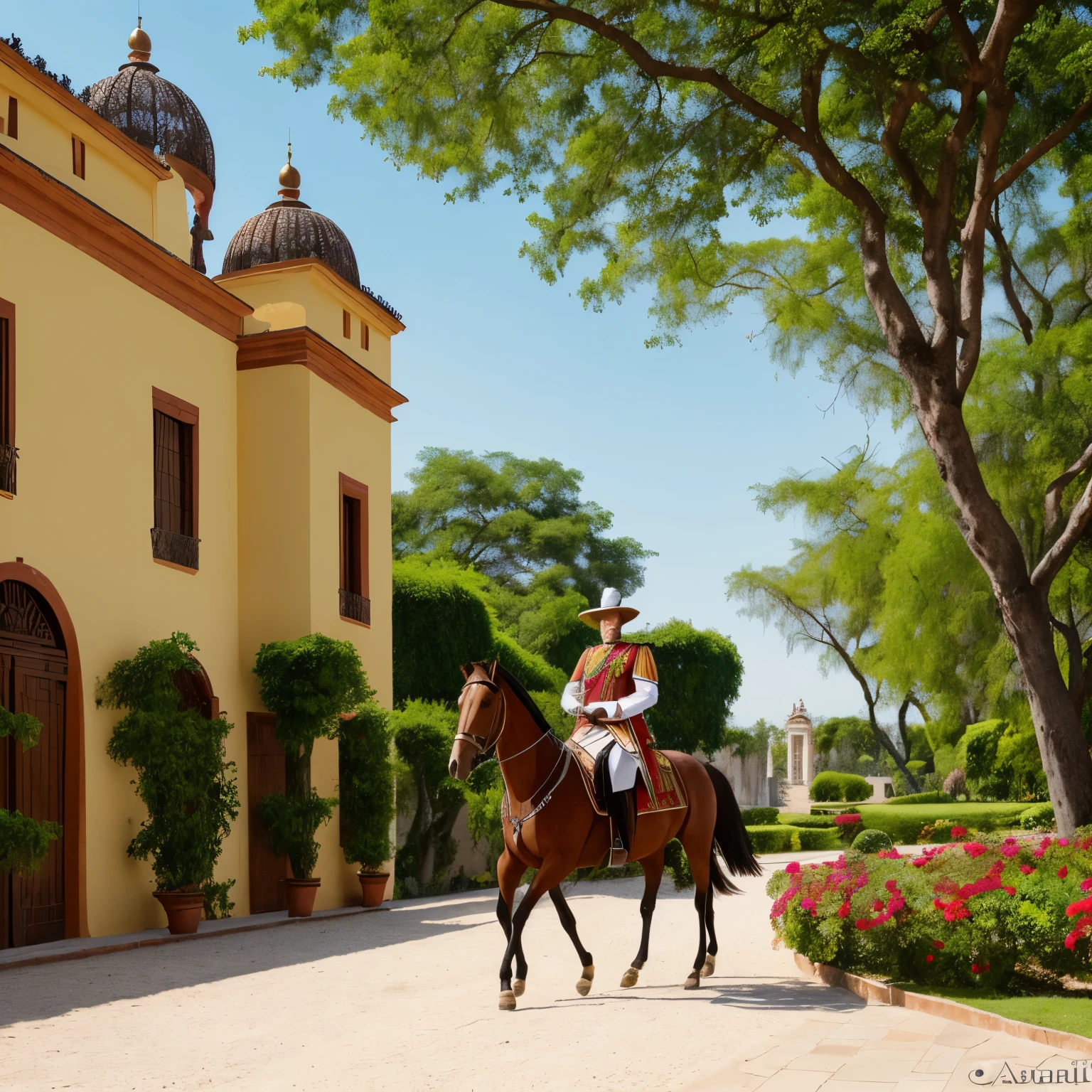 Picture Prompt: Mexico, if it had followed the Empire of Maximilian Hapsburg
Imagine a grand scene, reminiscent of an Austrian royal court, set against the tropical backdrop of Mexico. The sun casting long shadows over the hacienda's luxuriant gardens, the foliage adorned with the splendor of imperial influence.
A majestic procession makes its way towards the camera, portraying the grandeur of the Hapsburg Empire in Mexico. The subject, Emperor Maximilian I, rides on a regal horse, attired in his imperial garb, displaying the intense pride and authority of his rule. His composition conveyed in cinema-