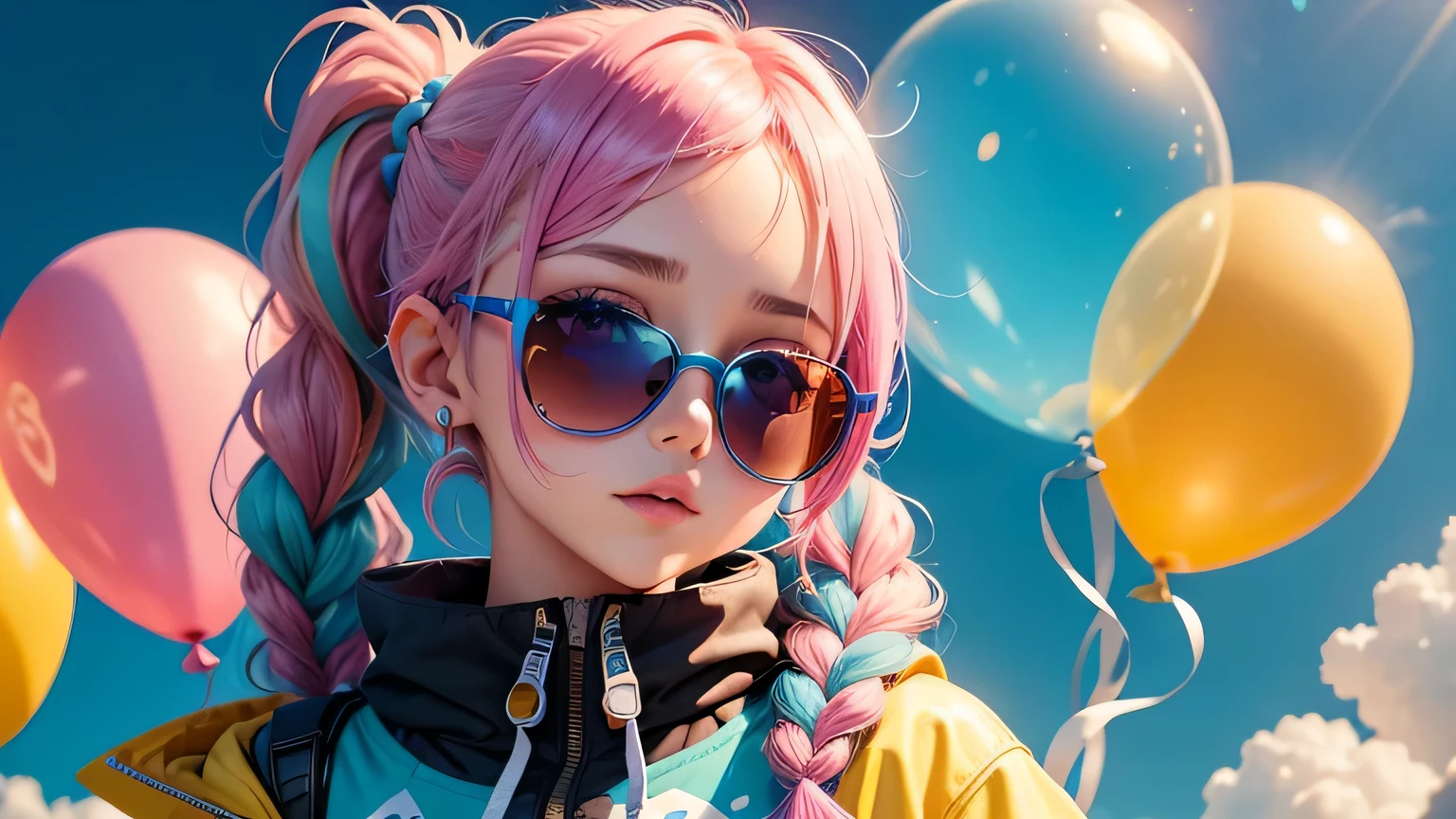 Loli menina, bonita e fofa, wearing blue sunglasses, jaqueta amarela, moletom branco, lots of colorful balloons, babyface, corpo inteiro, cabelo vermelho e azul de duas cores, braided hair ponytail, olhos de detalhe perfeito, rosto delicado, CG perfeito, qualidade de imagem HD, Colorful balloons, heaven,