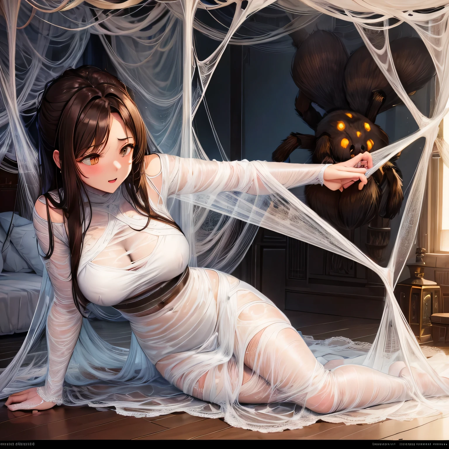 1girl,Spider weaving a net on the girl,réalism:1.2,ultra-detailed,bedroom setting,stretched pose,struggling in the net,brown haired,very long sheer skirt,oaken floor,soft sunlight,delicate spider silk,lace curtains,bedside table,decorative pillows