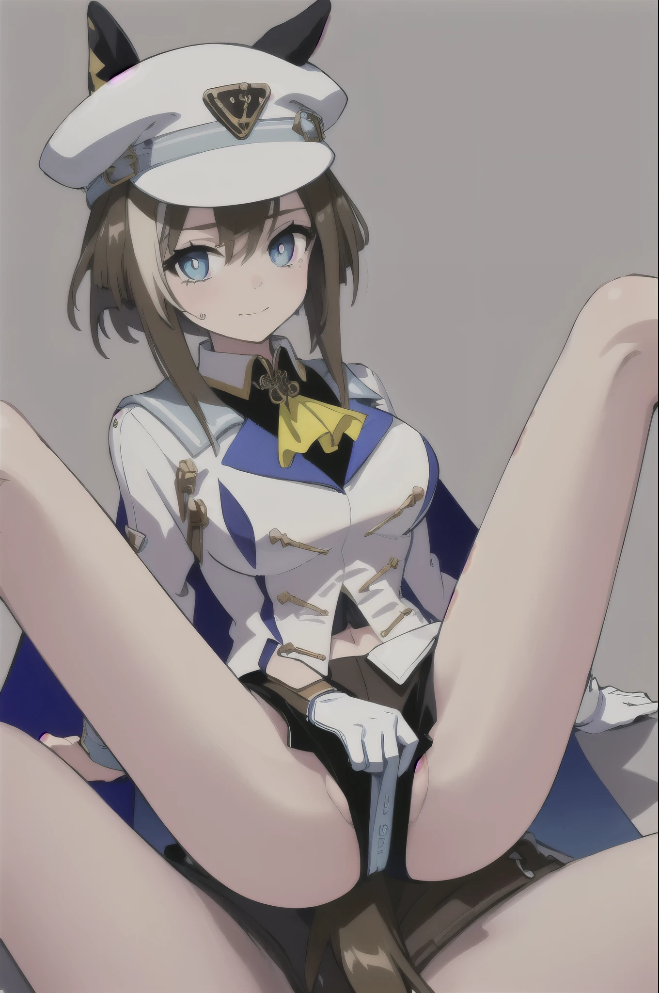 (masterpiece, highest quality:1.2), alone, 1 girl, Martha, slight smile, looking at the viewer, adjusting the hat, have, horse ears, white jacket, Ascot, cape, single glove, white gloves, shorts, horse tail ,spread legs, legs up,((nsfw))