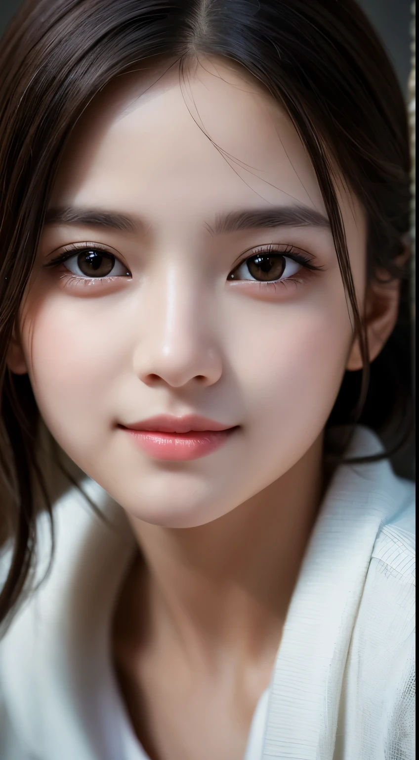 masterpiece, highest quality, Raw foto, photorealistic, smile, beautiful girl, cute, Hair up, Depth of the bounds written, High resolution, Super detailed, details, highly detailed eyes and face, mesmerizing black eyes, Realistic pupils, sharp focus, Cinematic lighting, upper part of the body, face on camera