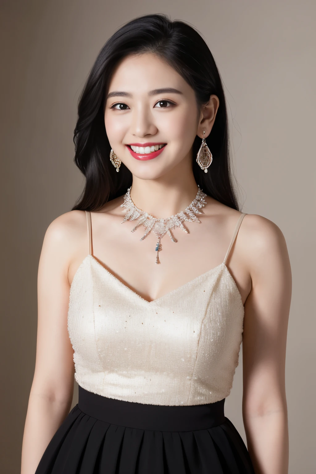 highest quality, masterpiece, ultra high resolution, (realistic:1.4),very detailed,professional lighting smile,black hair、toothy smile、black hair、ear piercing、necklace around neck