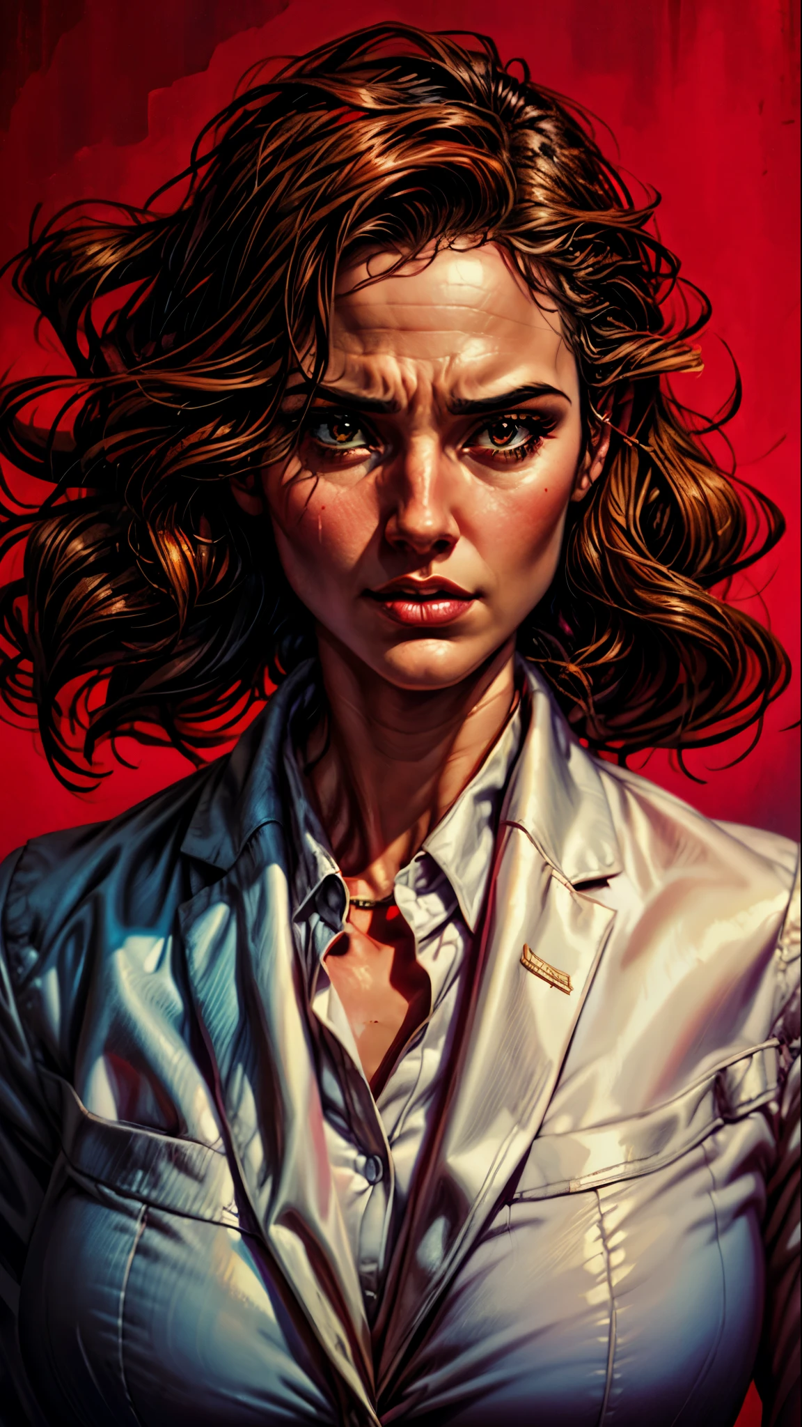 a close up of a woman in a suit with a red background, epic portrait illustration, beautiful character painting, gorgeous digital painting, by Anton Fadeev, stunning digital painting, painted digital art, stunning digital illustration, realistic digital painting, hd digital painting, beautiful digital artwork, character art portrait, beautiful digital painting, elegant digital painting, sexy painting of gal gadot