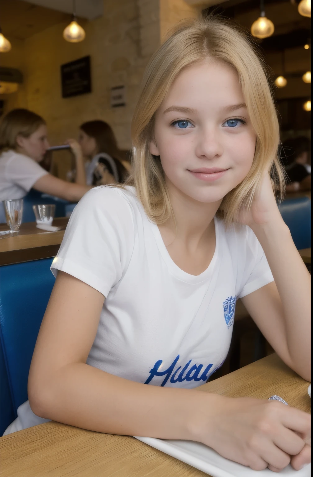 photographie de rue photo d'une jeune fille aux cheveux blond, yeux bleus, joli t-shirt décolté, assis dans un restaurant, 13 ans, fairly developed breasts