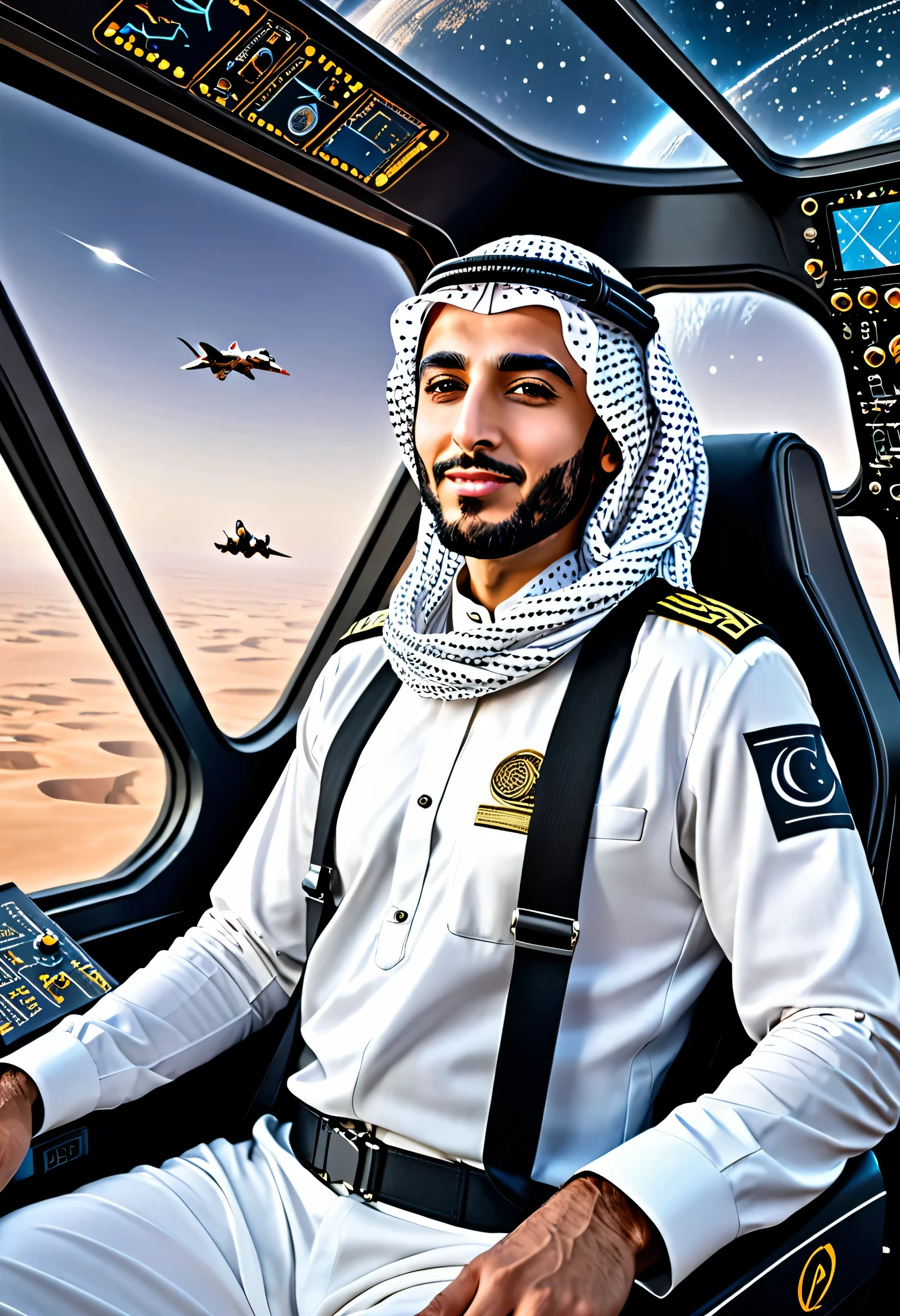 Arabic version,male version,Arab male version of Jame,Sitting in the cockpit of the Enterpris,Wear an Arabic headscarf,The Arabic version of high-tech enterprises travels through space,High-tech and Arabic style, epic detailes and realistic scenery