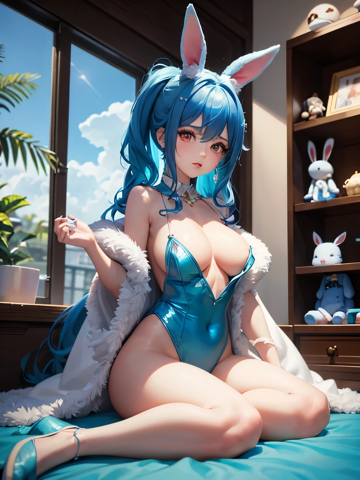 there are a lot of stuffed animals sitting on a shelf, ball jointed doll, artdoll, blue fur with white spots, sky-blue thick fur robes, female furry mini cute style, blue fur, skydoll noa, wearing a bunny suit, with teal clothes, fully posable, bjd, cute fumo plush fox girl