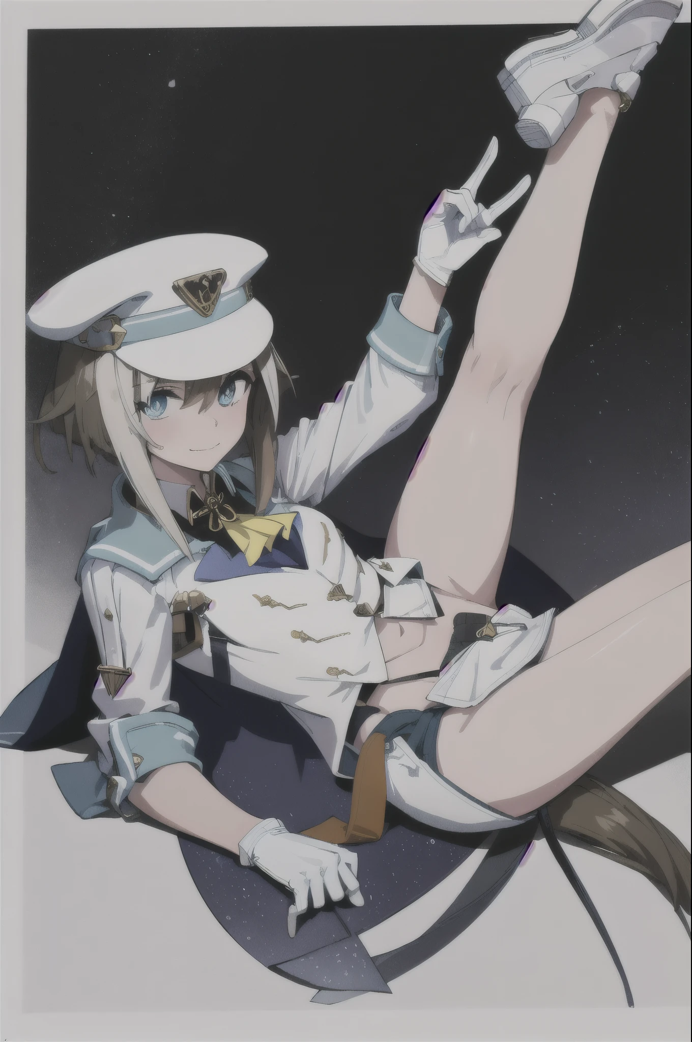 (masterpiece, highest quality:1.2), alone, 1 girl, Martha, slight smile, looking at the viewer, adjusting the hat, have, horse ears, white jacket, Ascot, cape, single glove, white gloves, shorts, horse tail ,spread legs, legs up,((nsfw))