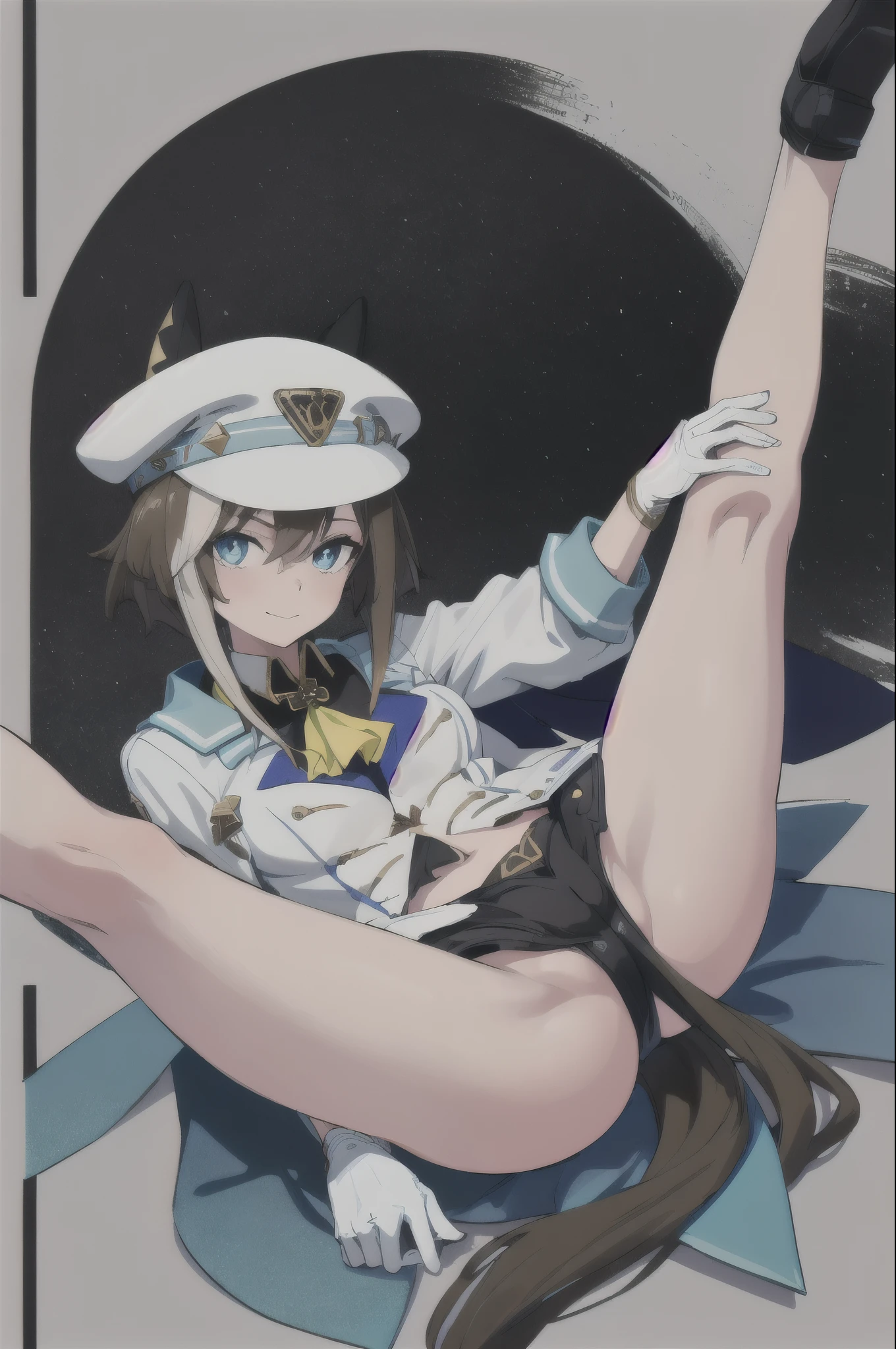 (masterpiece, highest quality:1.2), alone, 1 girl, Martha, slight smile, looking at the viewer, adjusting the hat, have, horse ears, white jacket, Ascot, cape, single glove, white gloves, shorts, horse tail ,spread legs, legs up,((nsfw))