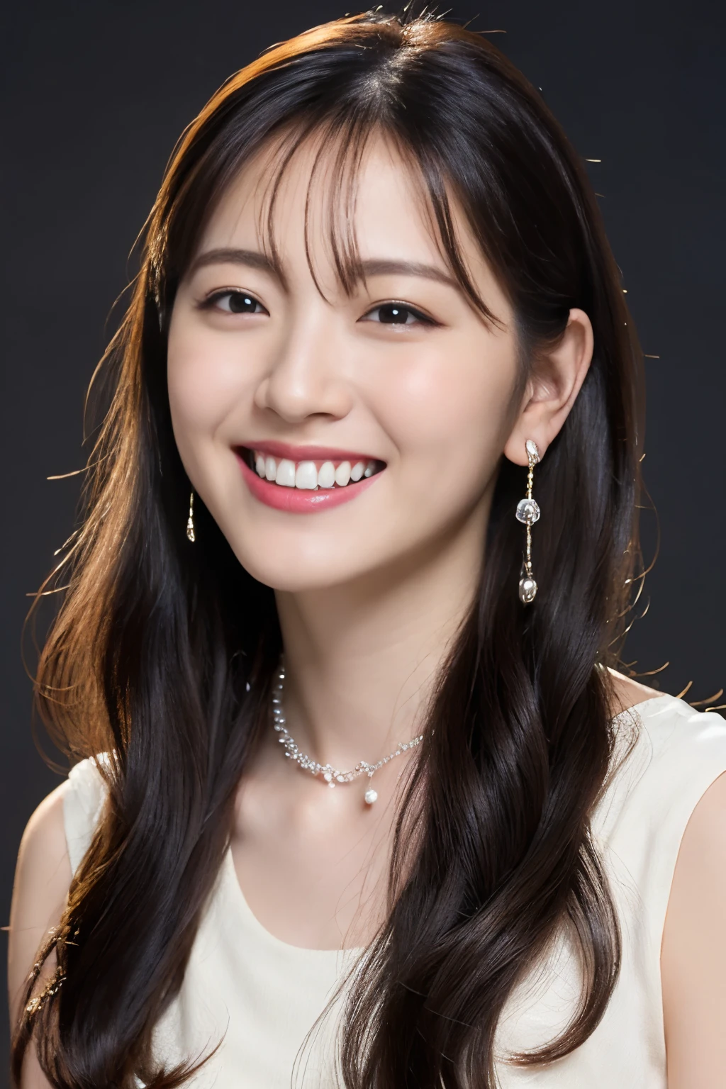 highest quality, masterpiece, ultra high resolution, (realistic:1.4),very detailed,professional lighting smile,black hair、toothy smile、black hair、ear piercing、necklace around neck
