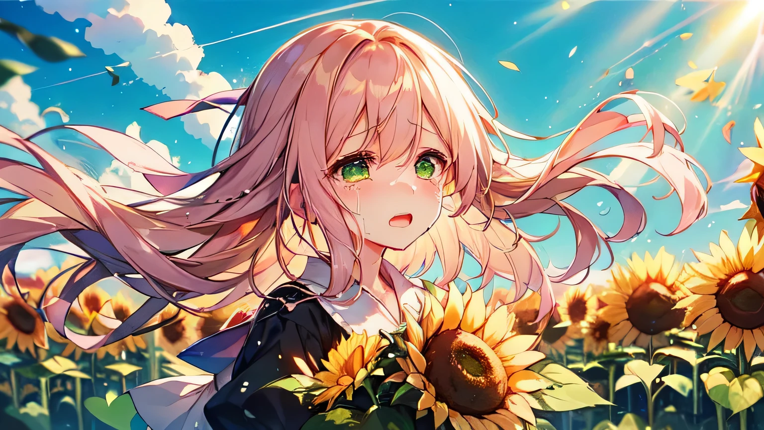 Woman standing in sunflower field。orange hair。green eyes。white skin。look up at the sky。sun&#39;S-rays rain heavily。The wind blows and the hair flutters。Woman is in tears。large tears。cry quietly。mouth is closed。stare into the distance。the sky is light pink。