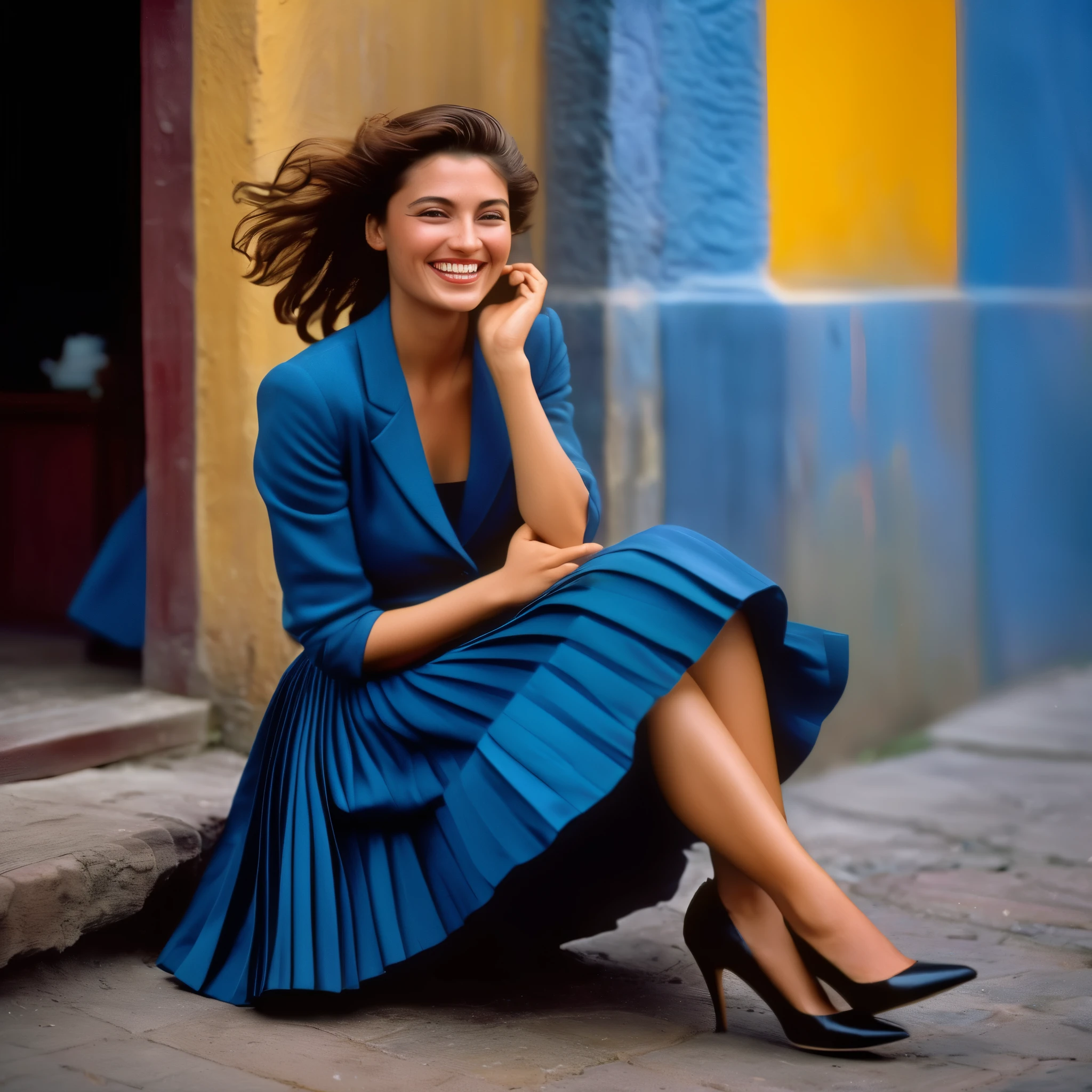 A smiling, authentic, (shy:1,3), kind, beautiful woman, is passionately in love with her skirt, sitting down on the ground while wind lifts her skirt, wearing short blazer and very, very detailed (long (fully pleated) full circle skirt) and (low heeled court shoes), very, very intricate hyper-detailed symmetric (attractive graceful young feminine face) with (sad, tired eyes and a loving smile), very voluptuous breasts, full of empathy and compassion and love, (pronounced (feminine) features), (highly detailed ultra accurate realistic) hands and fingers, (windy), epic composition, highly detailed attributes, (35mm f1.4 Kodak portra 400 photograph), extremely high quality RAW photograph, highly detailed atmosphere, sci-fi, cinematic shot, dynamic lighting, 75mm, Technicolor, Panavision, cinemascope, sharp focus, fine details, 8k, HDR, realism, realistic, key visual, film still, superb cinematic color grading, depth of field