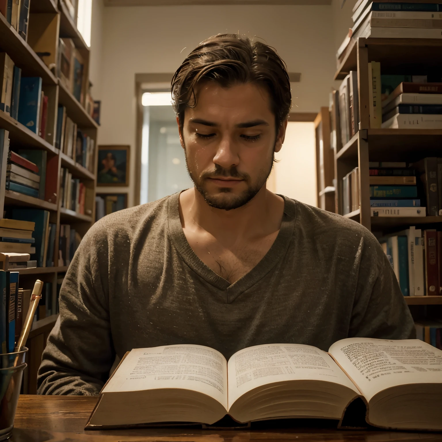 Realiza una pintura con tecnica libre y sencilla sobre una escena del Libro "El Hombre ilustrado" que represente a los personajes, era, physical and psychological environment of the literary work