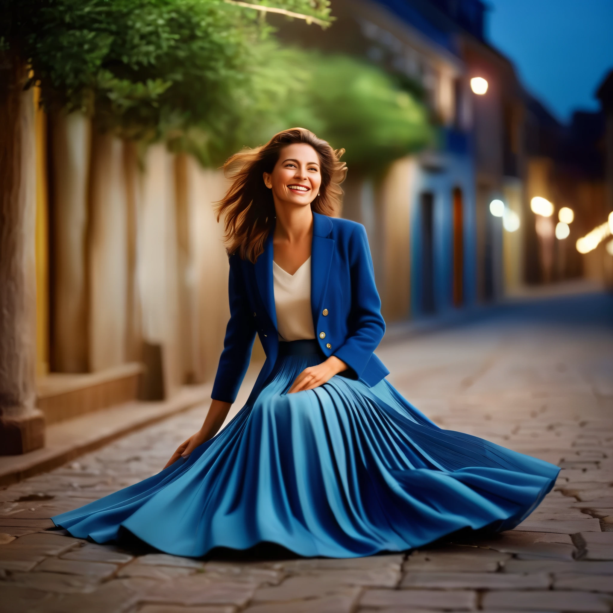 A smiling, authentic, (shy:1,3), kind, beautiful woman, is passionately in love with her skirt, sitting down on the ground while wind lifts her skirt, wearing short blazer and very, very detailed (long (fully pleated) full circle skirt) and (low heeled court shoes), very, very intricate hyper-detailed symmetric (attractive graceful young feminine face) with (sad, tired eyes and a loving smile), very voluptuous breasts, full of empathy and compassion and love, (pronounced (feminine) features), (highly detailed ultra accurate realistic) hands and fingers, (windy), epic composition, highly detailed attributes, (35mm f1.4 Kodak portra 400 photograph), extremely high quality RAW photograph, highly detailed atmosphere, sci-fi, cinematic shot, dynamic lighting, 75mm, Technicolor, Panavision, cinemascope, sharp focus, fine details, 8k, HDR, realism, realistic, key visual, film still, superb cinematic color grading, depth of field