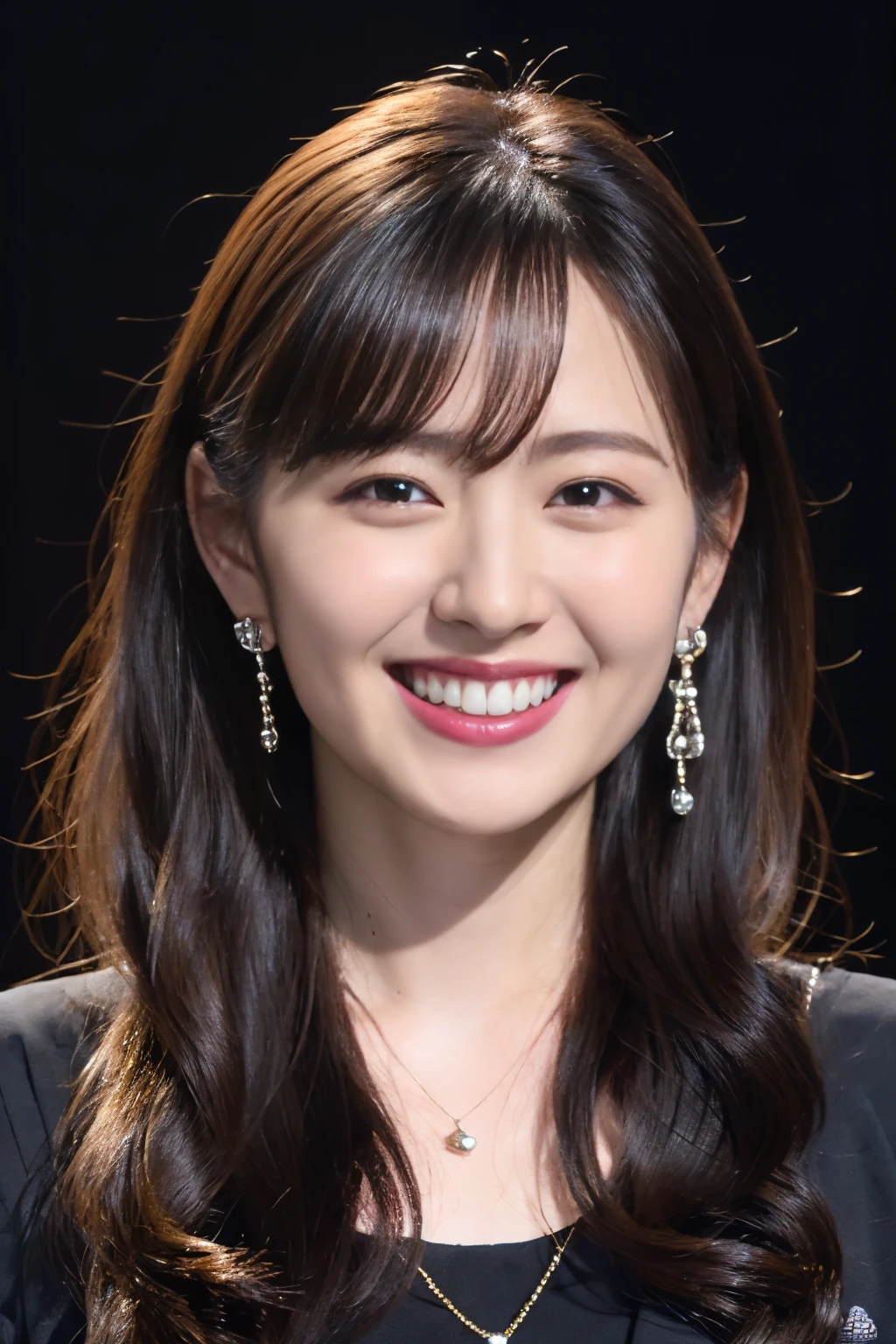 highest quality, masterpiece, ultra high resolution, (realistic:1.4),very detailed,professional lighting smile,black hair、toothy smile、ear piercing、necklace around neck、dark eyeliner