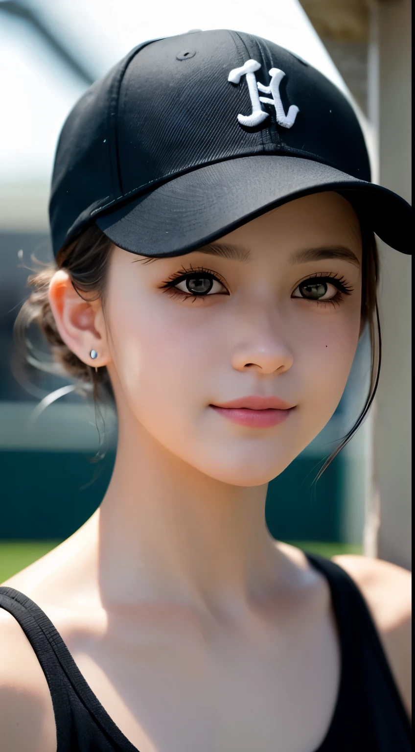 masterpiece, highest quality, Raw foto, photorealistic, smile, beautiful girl, cute, Hair up, Depth of the bounds written, High resolution, Super detailed, details, highly detailed eyes and face, mesmerizing black eyes, Realistic pupils, sharp focus, Cinematic lighting, upper part of the body, face on camera, wearing baseball hat 