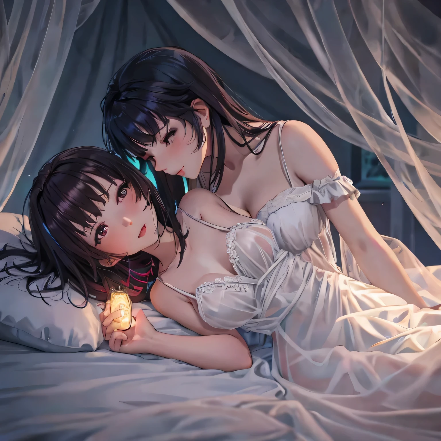 two girl kissing,,(bright lighting,romantic setting),dreamy background,,dark hair, mesmerizing gaze, , soft skin, alluring beauty, artistic portrait, high-quality image, vibrant colors,translucent long silk gown, mosquito net, lying down, romantic bedroom,bondage 