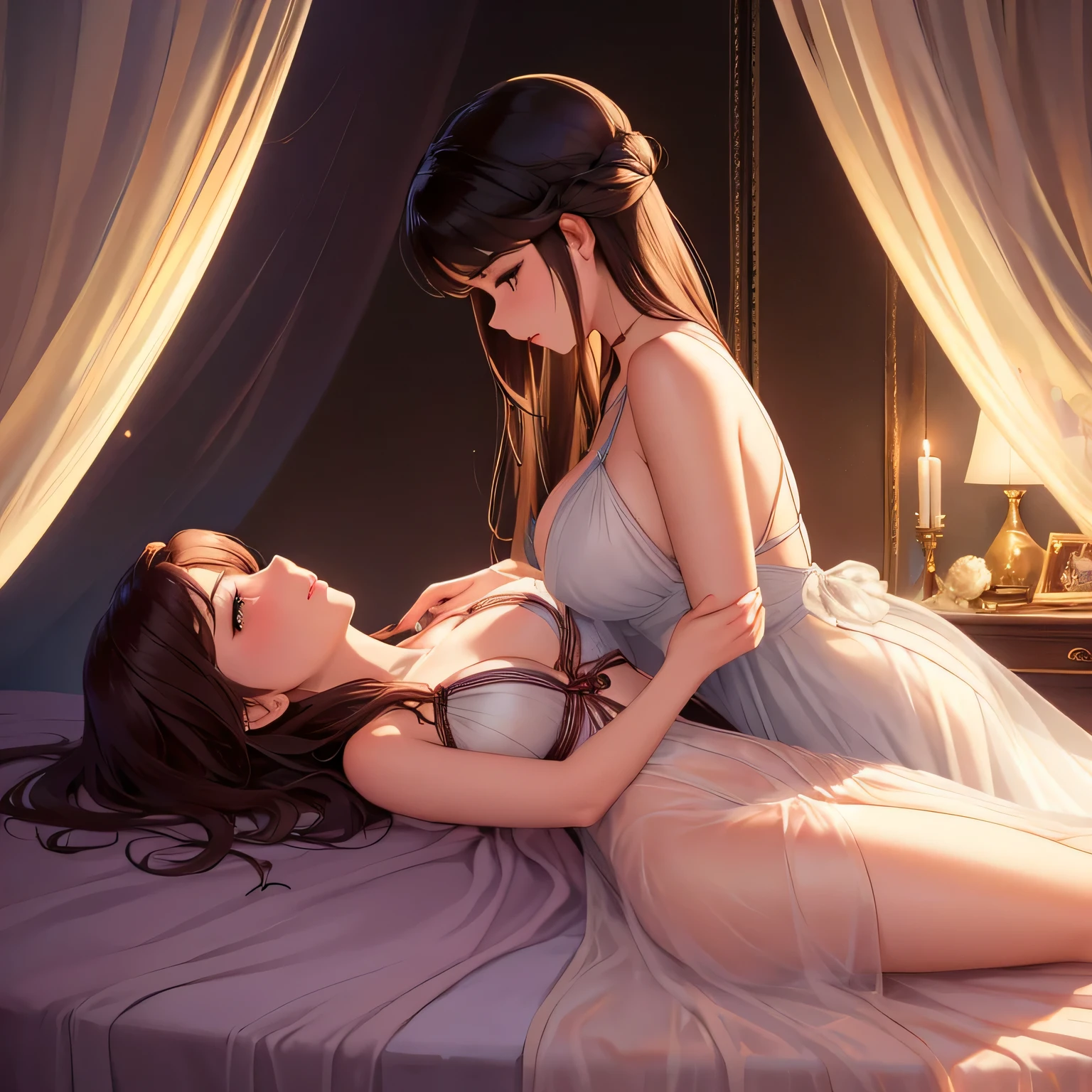 two girl kissing,,(bright lighting,romantic setting),dreamy background,,dark hair, mesmerizing gaze, , soft skin, alluring beauty, artistic portrait, high-quality image, vibrant colors,translucent long silk gown, mosquito net, lying down, romantic bedroom,bondage ,ribbon bondage