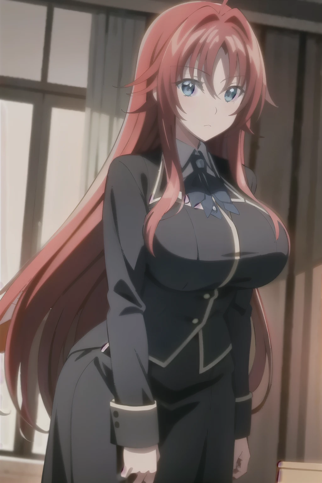 masterpiece, best quality, 1girl, long hair, looking at viewer, :3, cute, black school uniform, outdoors, streets, cowboy shot, large breasts, curvy, (((blue eyes))), rias gremory, red hair, antenna hair, wavy hair, ((beautiful detailed eyes, beautiful detailed glow, lots of glow)), anime screencap,