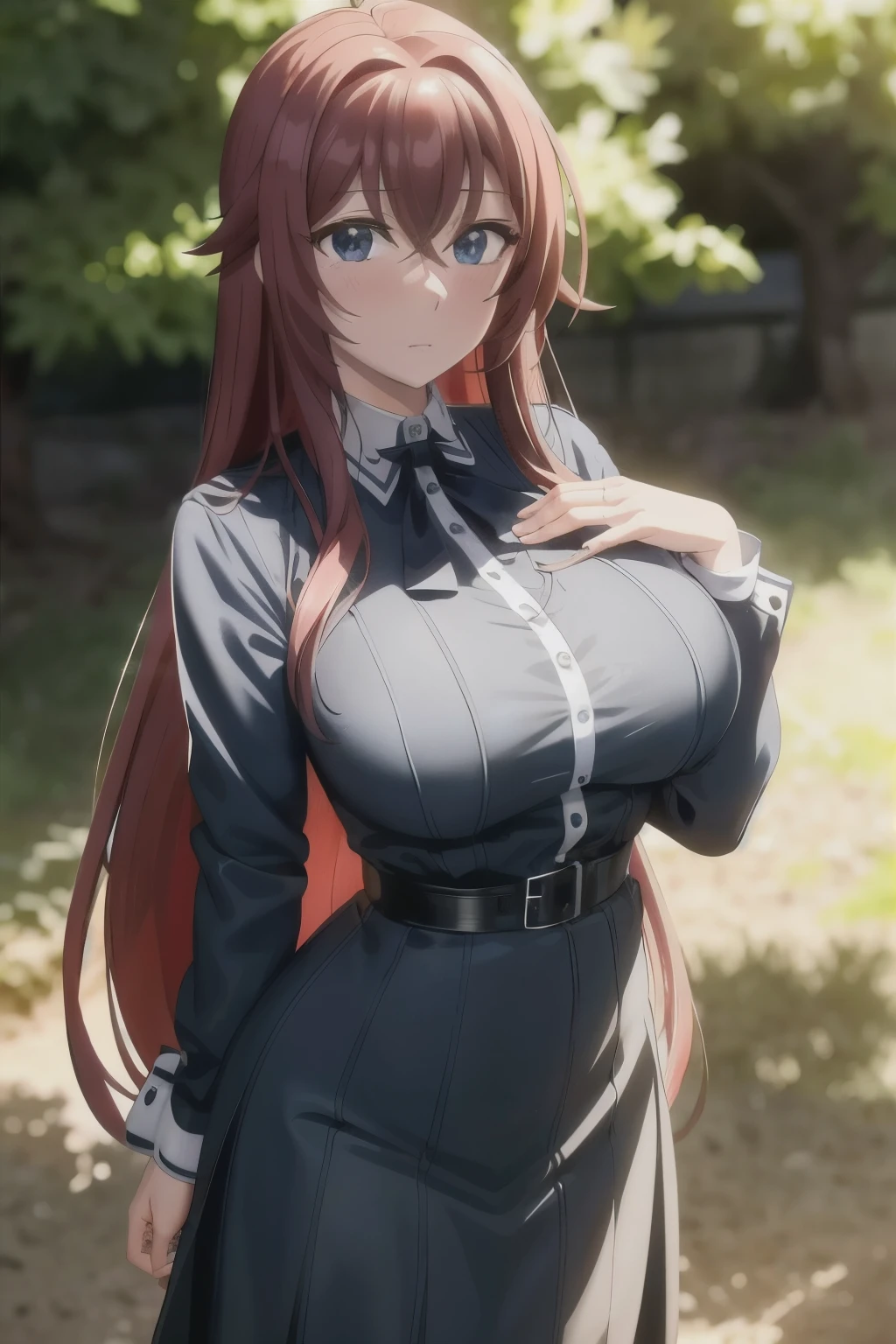 masterpiece, best quality, 1girl, long hair, looking at viewer, :3, cute, black school uniform, outdoors, streets, cowboy shot, large breasts, curvy, (((blue eyes))),  rias gremory, red hair, antenna hair,  wavy hair, ((beautiful detailed eyes, beautiful detailed glow, lots of glow)), anime screencap,