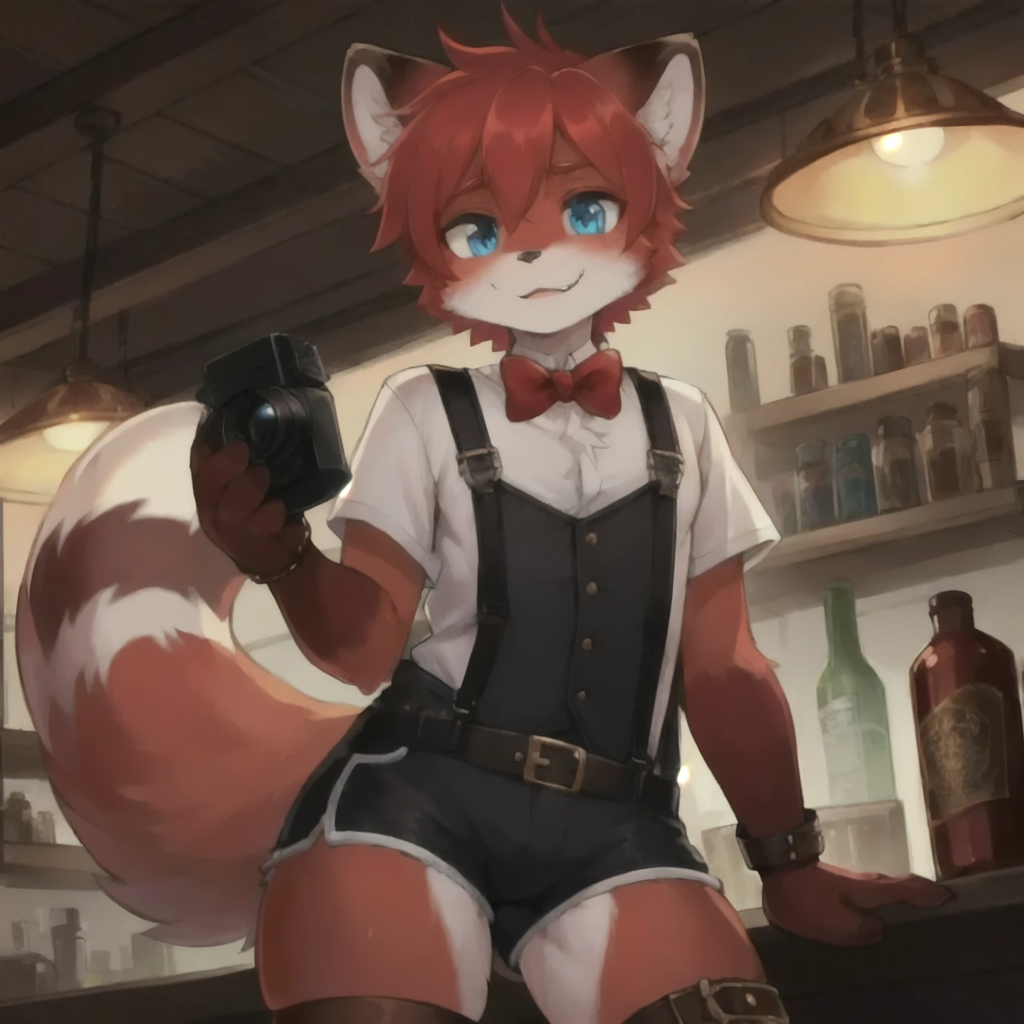 (masterpiece), highest quality, Perfect Face, Furry, fox, male, Blushed, Rubber suit, Null bulge, Cafe, Round 1, ribbon, Transparent Vinyl Apron, restaurant