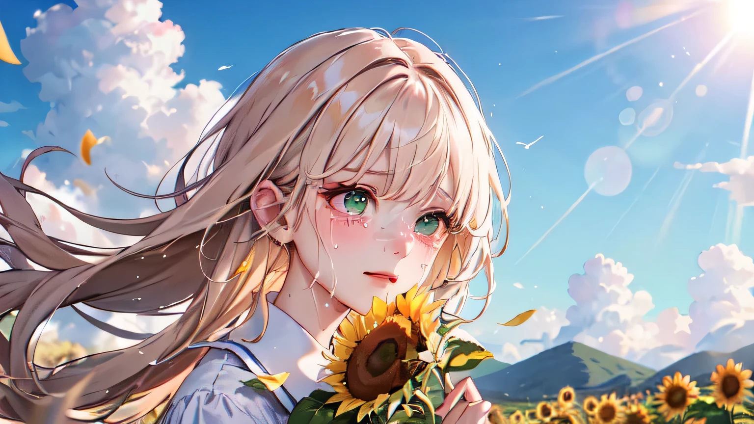 Woman standing in sunflower field。beige hair。green eyes。white skin。look up at the sky。sun&#39;S-rays rain heavily。The wind blows and the hair flutters。女性はtearsを流している。tears。cry quietly。mouth is closed。stare into the distance。the sky is light pink。