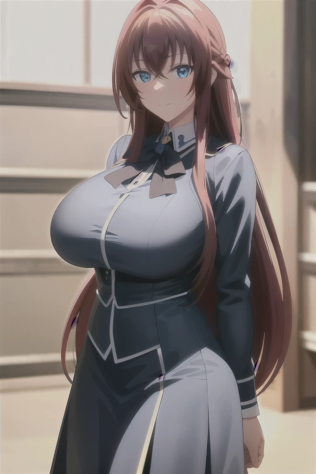 masterpiece, best quality, 1girl, long hair, looking at viewer, :3, cute, black school uniform, outdoors, streets, cowboy shot, large breasts, curvy, (((blue eyes))), rias gremory, red hair, antenna hair, wavy hair, ((beautiful detailed eyes, beautiful detailed glow, lots of glow)), anime screencap,