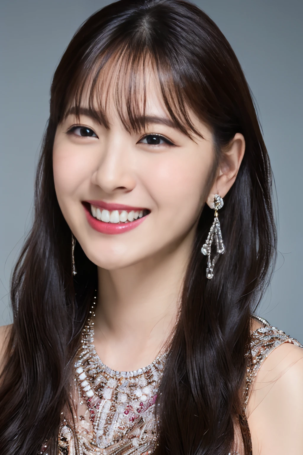 highest quality, masterpiece, ultra high resolution, (realistic:1.4),very detailed,professional lighting smile,black hair、toothy smile、black hair、ear piercing、necklace around neck、heavy makeup