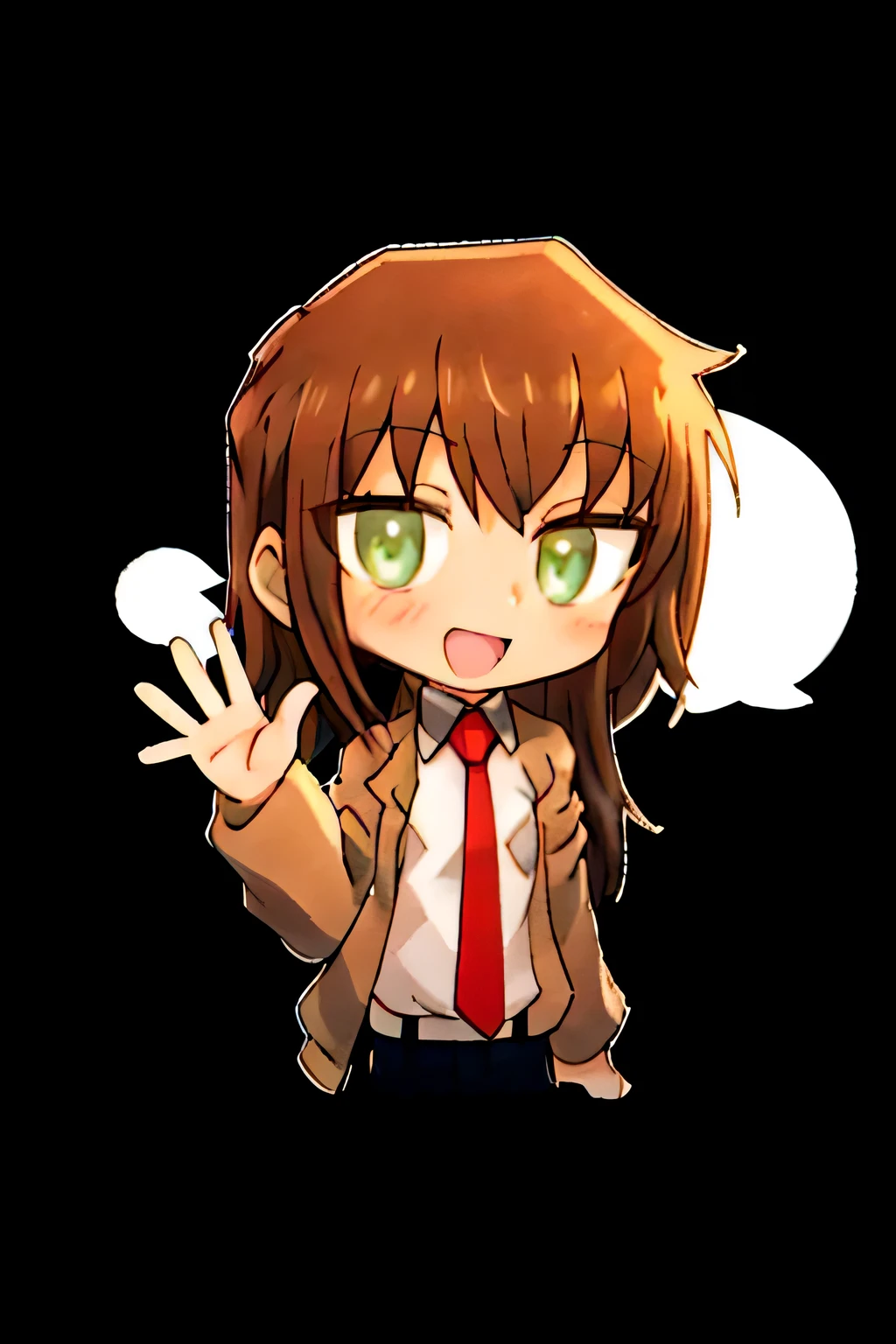 
1boy, black hair , black shirt , green eyes , , hand on face , , open eyes , , looking at viewer , , happy , , white background , , chibi , waving hand , makise kurisu , brown hair , brown jacket , red tie , whiteshirt