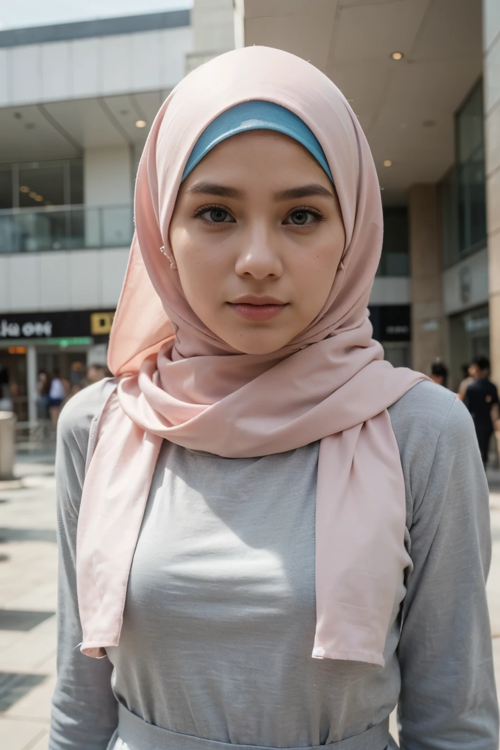 A potrait photo of a young woman proper pink muslimah dress, modern white color style hijab, blue eyes, and natural-looking makeup. She should be looking directly at the camera while standing at empty Malaysia mall. The focus should be on her face without any visible makeup.