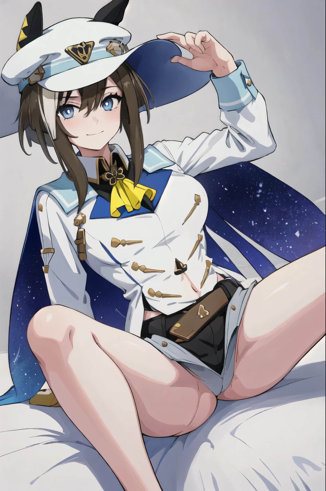 (masterpiece, highest quality:1.2), alone, 1 girl, Martha, slight smile, looking at the viewer, adjusting the hat, have, horse ears, white jacket, Ascot, cape, single glove, white gloves, shorts, horse tail ,spread legs, legs up,((nsfw))