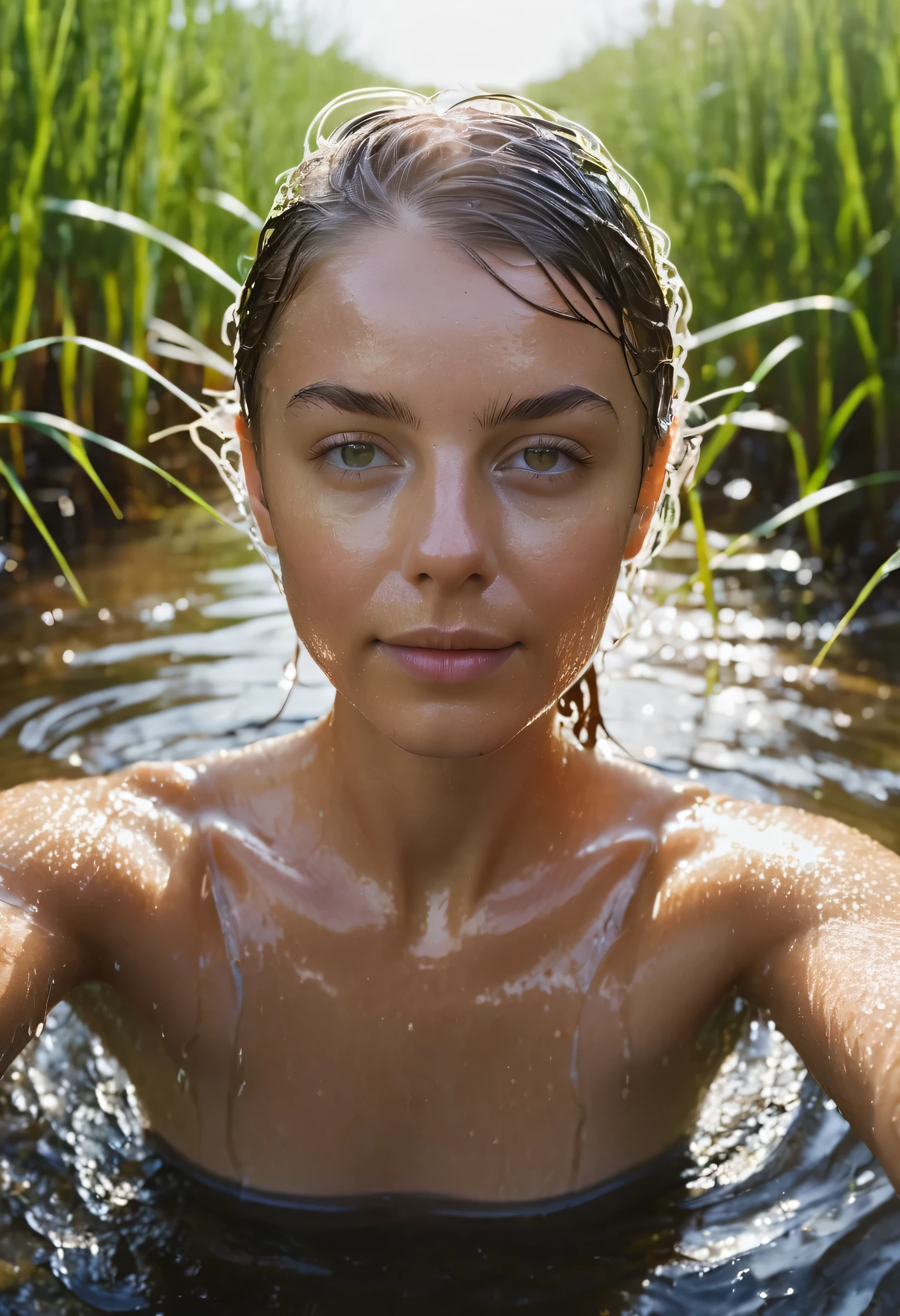 Photo of European woman, symmetrical, High detail RAW color photo professional close photograph, [:(highly detail face: 1.2):0.1], (PureErosFace_V1:0.8), twin tails, half body, pore, real human skin, a portrait of a 18yo woman bathing in a river, body contact water and ripple around, reeds, clear and clean water, shiny eyes, looking at viewer, wearing tight sports top, wet clothes, see-through clothes, nipples, wet body, wet hair, Tindal effect, lens flare, shade, bloom, backlighting, depth of field, natural lighting, hard focus, film grain, photographed with a Sony a9 II Mirrorless Camera, by Laurence Demaison