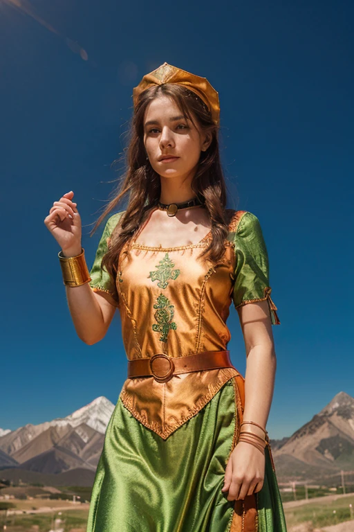 23 years old girl, orange green medieval dress, medieval spanish dress, copper collar, red cloth wristbands, gold embroidery, holding blue light piramid, mountains background