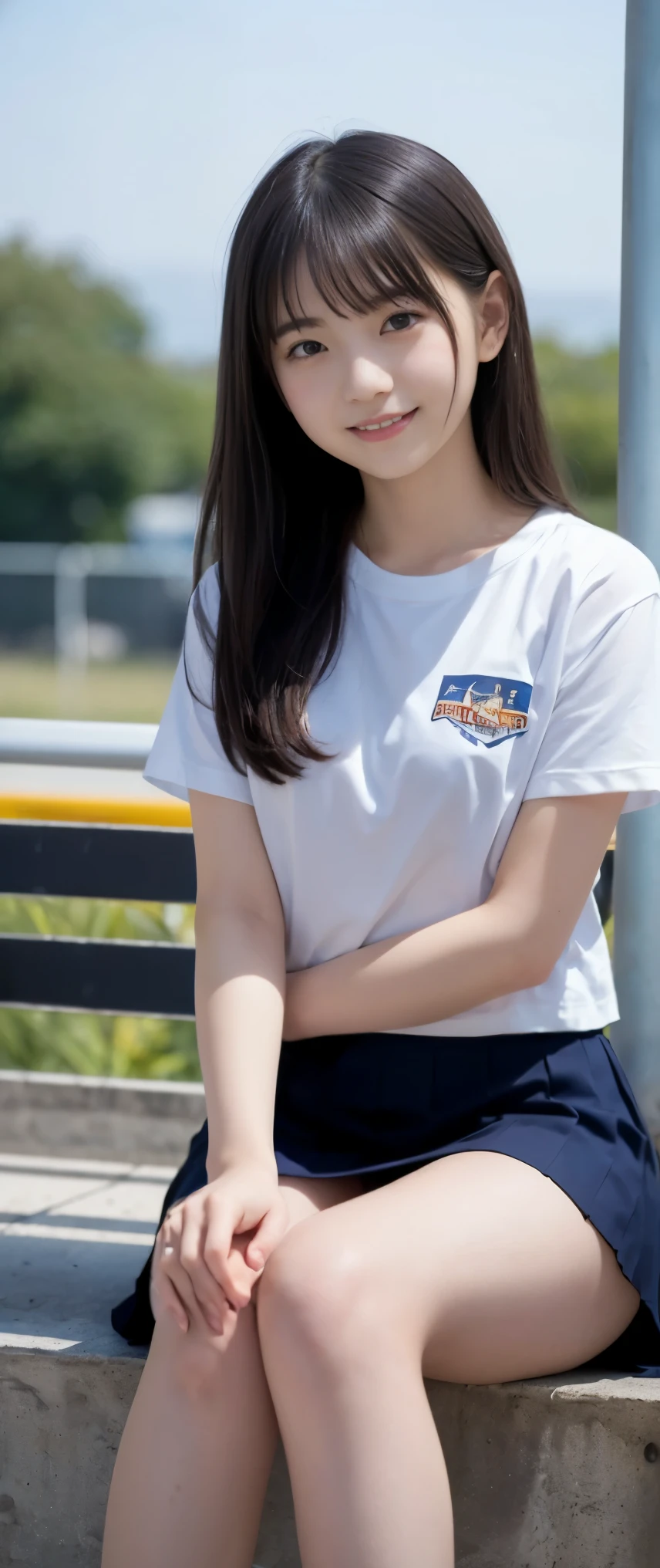 (masterpiece, highest quality:1.2), 8K, 12才のfull nudeの女の子, 85mm,Official AR RAW photo, スーパースリムなスレンダーbeautiful girl, (Navy blue short skirt、下Half bodyfull nude、short sleeveの白シャツ、show me your ears、naked girl photo shoot、full nude, cute face, close, Half body, biolace, gardenia, beautiful girl, , thighs, short sleeve, station platform、 looking at the viewer, no makeup, (big smile), film grain, chromatic aberration, sharp focus, face light, clear lighting, Ten generations, detailed face, background bokeh, (dark red tie:1.1)、(((((( girl))))))、((((((12才のfull nude女子高生)))))、thin waist、shy pose、shy and nervous girl、A severely ripped white shirt、Showing off the right breast、