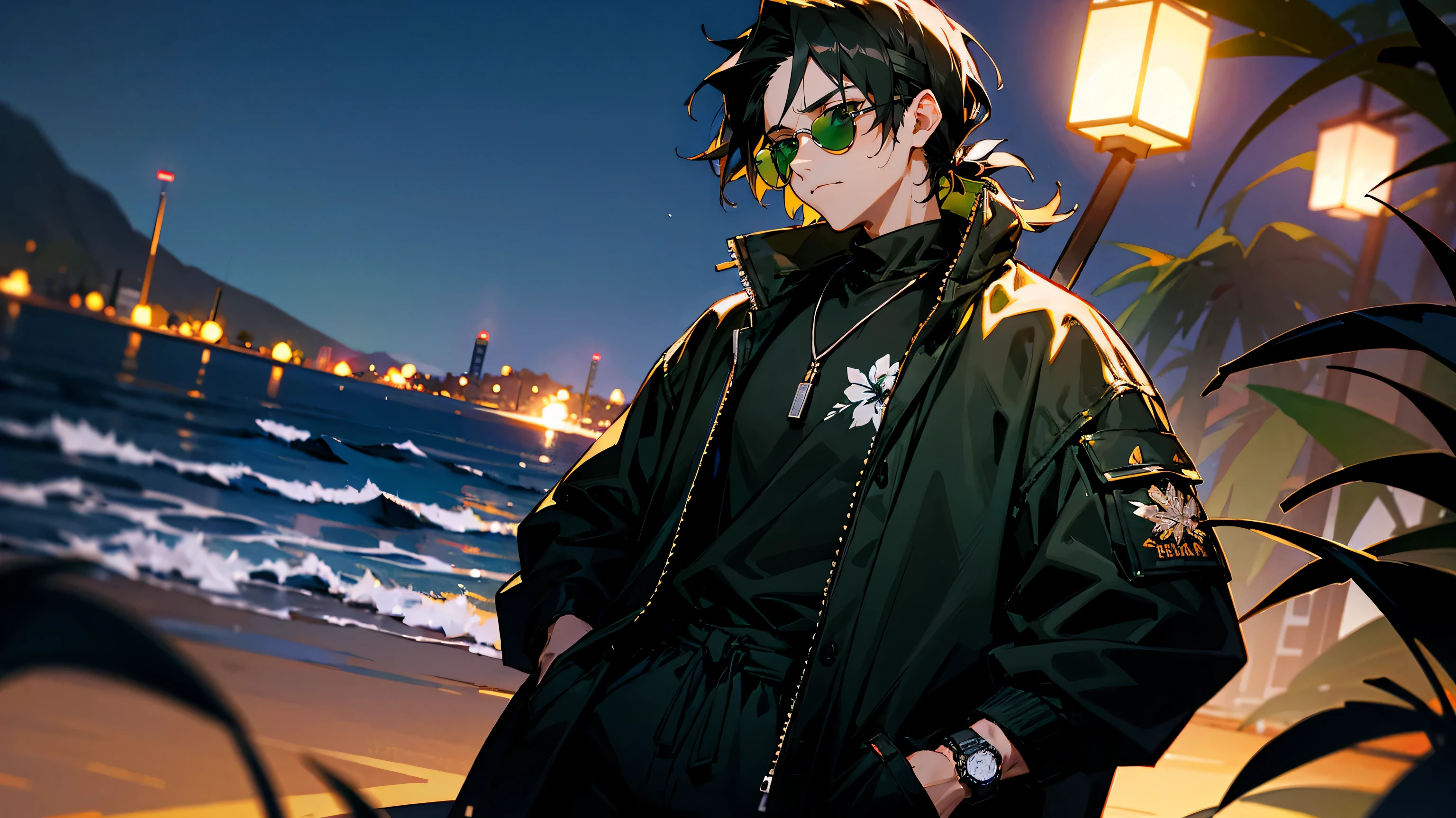 1male, hawaiian hair, tied to the back, black flower headband, green eyes, sunglasses, black sweatshirt, black jacket, tied to waist, black sweatpants, hands in pocket, watch, night club