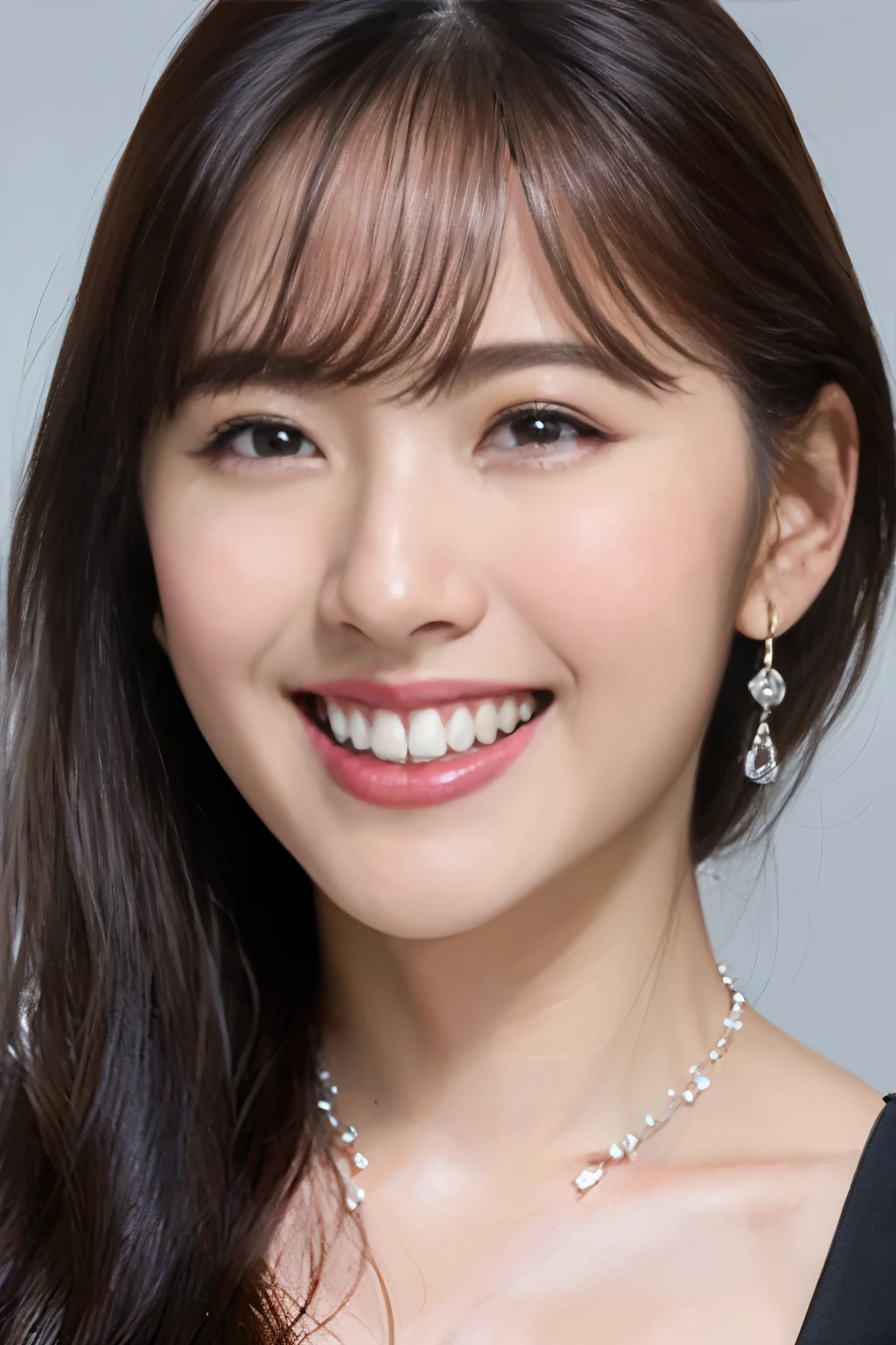 highest quality, masterpiece, ultra high resolution, (realistic:1.4),very detailed,professional lighting smile,black hair、toothy smile、black hair、ear piercing、necklace around neck