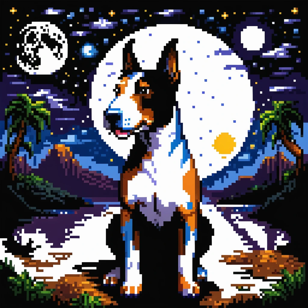 Craft a pixel art masterpiece that transports viewers into a world of fantasy, featuring a colossal “bull-terrier” roaming beneath the moonlit sky. The bull-terrier’s shell should be intricately patterned and illuminated by the moon’s glow, captivating viewers with its beauty and detail. Set against a gothic background, the scene should exude an epic charm, inviting viewers to immerse themselves in its enchanting allure. Ensure that the pixel art style adds depth and texture to the composition, evoking a sense of nostalgia and wonder. Artists: Paul Robertson, Octavi Navarro, Simon Anderson.