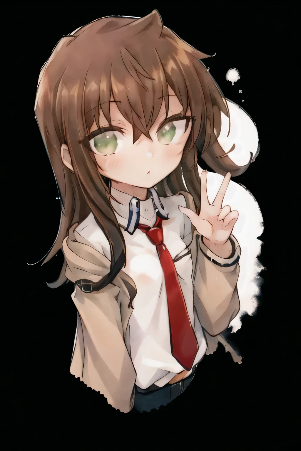 1boy, black hair , black shirt , green eyes , , hand on face , , open eyes , , looking at viewer , , happy , , white background , , chibi , waving hand , makise kurisu , brown hair , brown jacket , red tie , whiteshirt