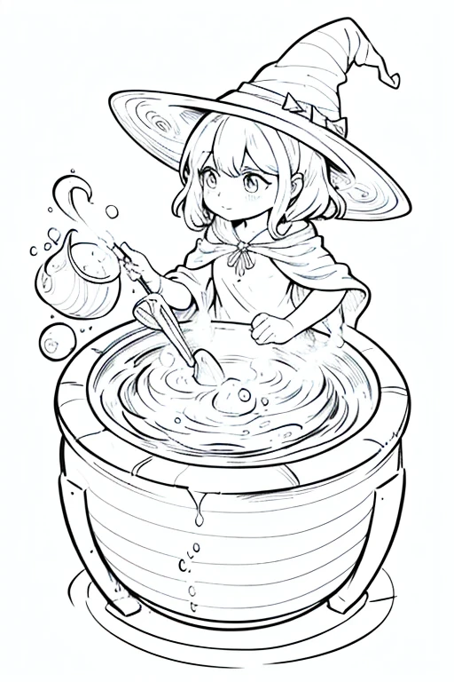Witch's cauldron with bubbling potion, coloring book page, arte de linha simples e limpa, Livro de desenho . Preto e branco, crisp black lines, sharp lines. Simple Coloring Drawing for Kids, featuring a estilo de desenho animado cub, estilo de desenho animado, fundo muito branco, sem sombras.