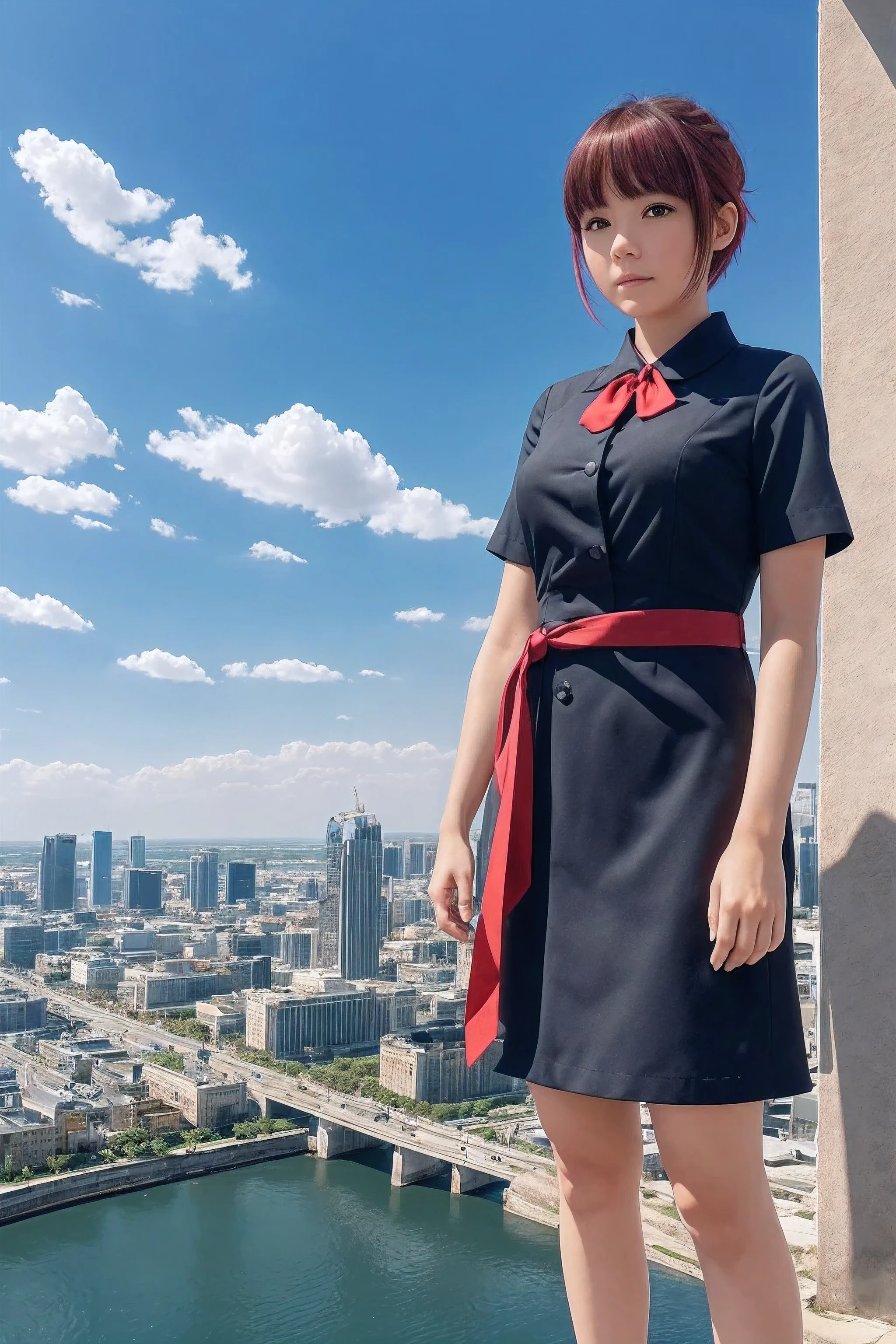 (masterpiece,newest,exceptional:1.2), anime,1girl,bangs,black_hair, beautiful 8k eyes,blue_sky,bridge,building,castle,city,cityscape,cloud,day,dress,looking_at_viewer,outdoors,red_neckwear,red_ribbon,ribbon,river,short_hair,short_sleeves,sky,skyscraper,solo,standing,town,water