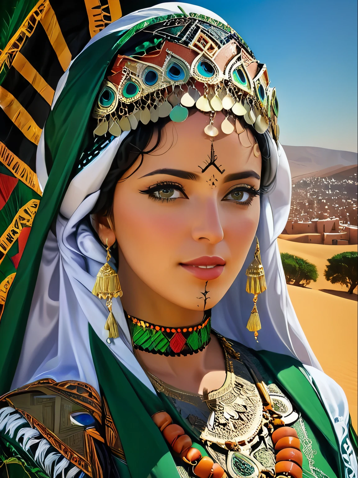 (best quality, ultra-detailed:1.2), intricate details, exotic atmosphere, eye-catching composition, stunning visuals, captivating storytelling, masterful techniques, surreal elements, artistic expression, amazigh woman, dahamra background 