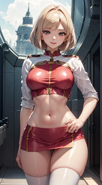 ((a 25yo girl), Sayla Mass, elegant), bending waist,whole body、see the beholder, young woman,bright smile、shy、blush、expression of ecstasy、erotic、charming、Charm、bob short、bangs、shiny blonde hair、blue eyes、long, well-shaped eyelashes、perfect eyes、Slender eyes、glossy pale pink lips、(Plump slender body of a young woman、plump body:1.3、shiny skin、Beautiful big breasts:1.1、thin waist、Beautiful butt、Thick thighs、beautiful long legs)、perfect arms、perfect hands、perfect fingers、perfect body shape、perfect anatomy、(Army pink uniform dress with short super uper miniskirt You can see the pants in the miniskirt), cameltoe, lilac lace shorts、Bright red long boots), steam、steam、sexy genital pose gesture、cheeky pose、(putting fingertips on lips),(with sparkling eyes and a contagious smile),nsfw, From Above、cowboy shot, no gravity, figure, Bright colors, Practical Light, (background is blurred:0.8)、highest quality, disorganized, good quality、Realistic, ultra high resolution, masterpiece、HDR、UHD、8k